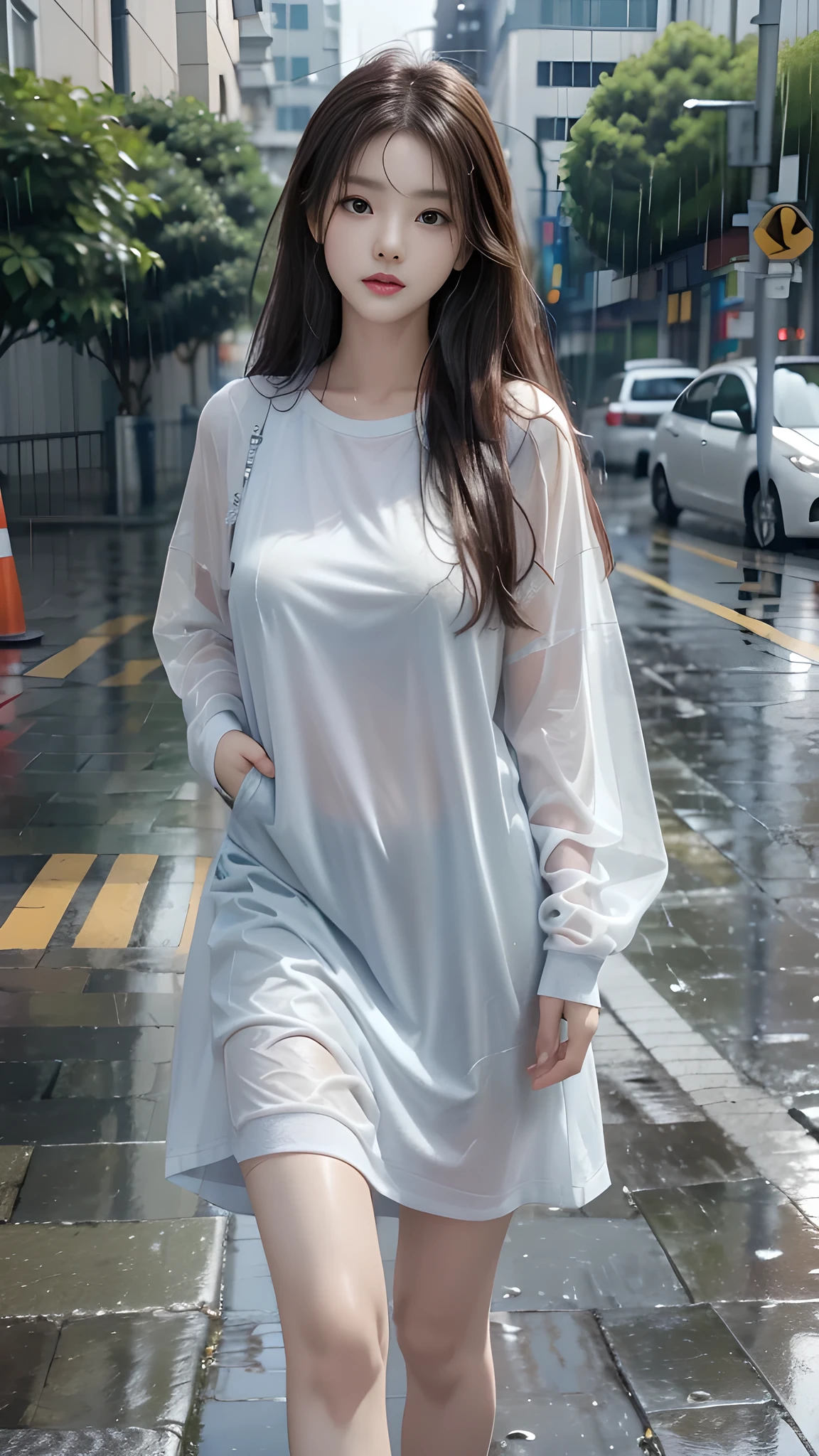 ulzzang-6500-v1.1, (RAW photo: 1.2), (Real photo), (Real photo: 1.4), 1 girl、Perfect anatomy、20 years old、Looking at the camera、Medium length hair, Wet hair in the rain, dress, ((on the street, in the rain: 1.2)), (Soaked clothes: 1.2), (Business service)、Asian eyes Ella,