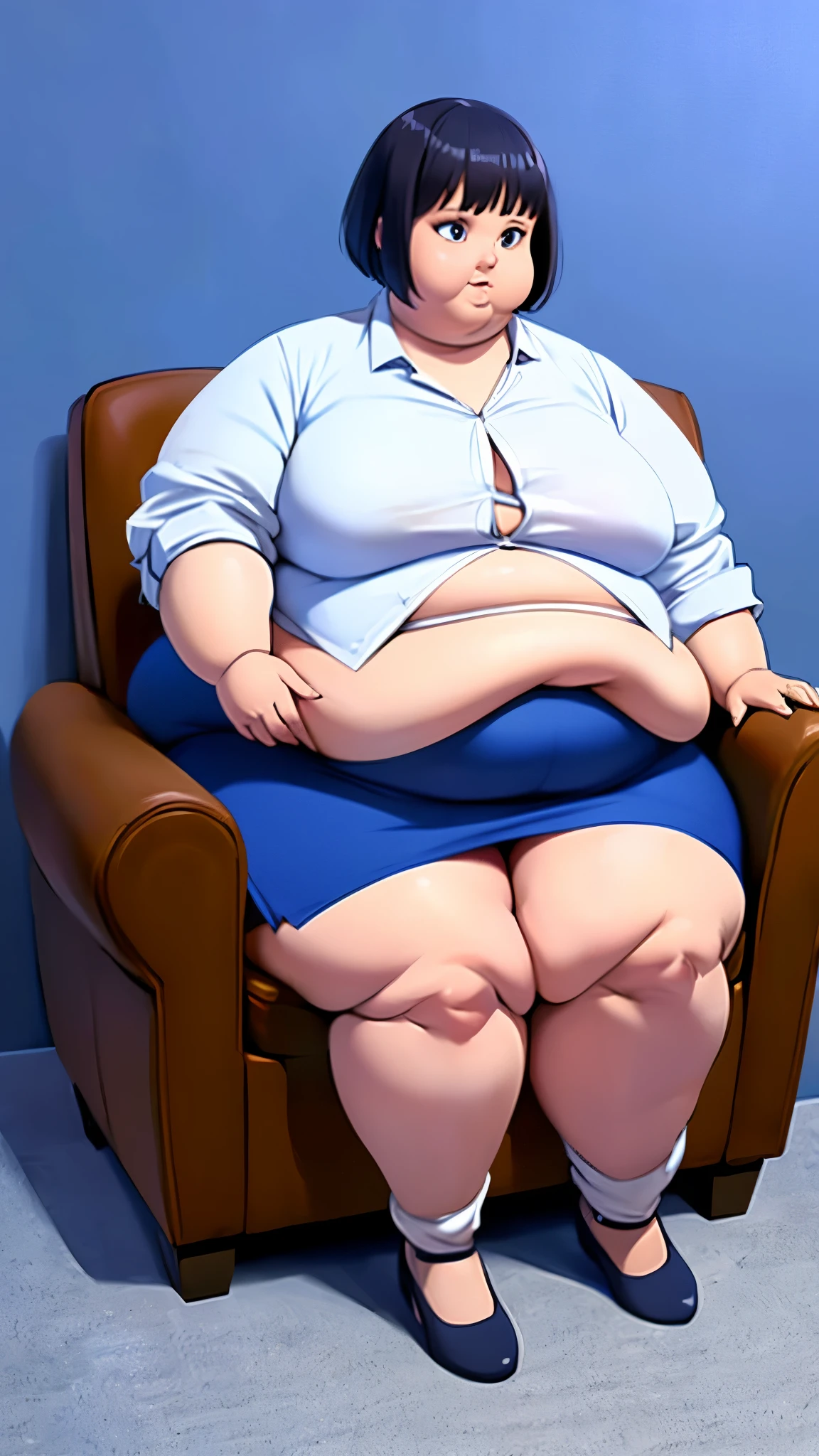 1000 pound  very obese woman with short curly hair, belly hanging out, sitting on comfy chair, wearing a purple pea and a blue pencil skirt that barely covers her thighs, clothes stretched 