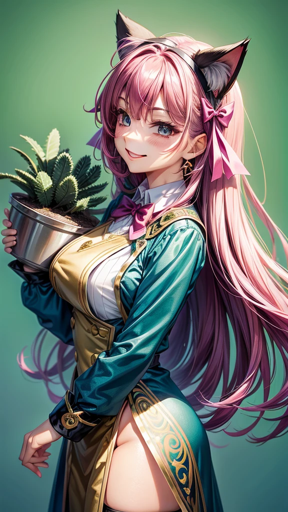 Magenta hair, hazel eyes, older woman, hair bows, cat ears, long hair, smiling face, sexy uniform outfit, teal and gold clothes, succulent plants background