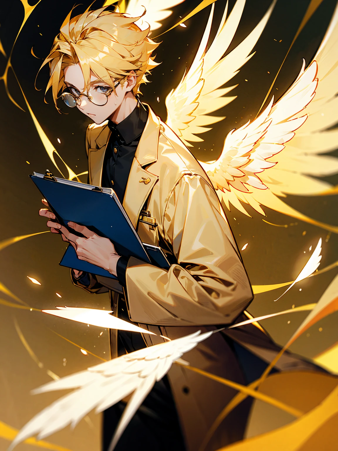 male, angel wings, golden hair, short and spiky, doctor coat, glasses, clipboard