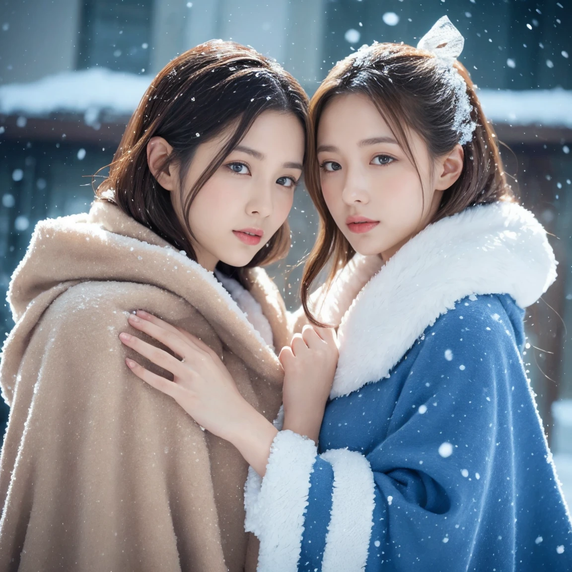 (Best quality, 8K, 32K, masterpiece), (High intaglio printing model),Photorealistic, high resolution, perfect ???????, perfect hands, (two Japan Women is deeply in love with each other), kiss, (Lolita costume)，Gorgeous costumes, Face the audience, (The upper part of the body, upper legs), beautiful eyes, Brown hair, ringed eyes, (outside, Heavy snowfall, Thick fur cloak, Cover with snow), snowfield, Blue eyes, Illustrations of the highest quality, A meticulous face