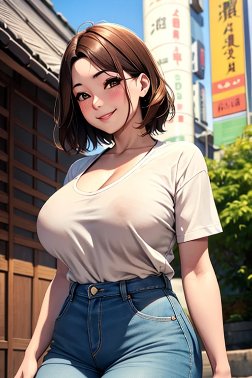 Beautiful 34 year old Japanese woman firm body breasts perfect detailed face tender blushing blushing cheek charming smile shirt short jeans short brown hair