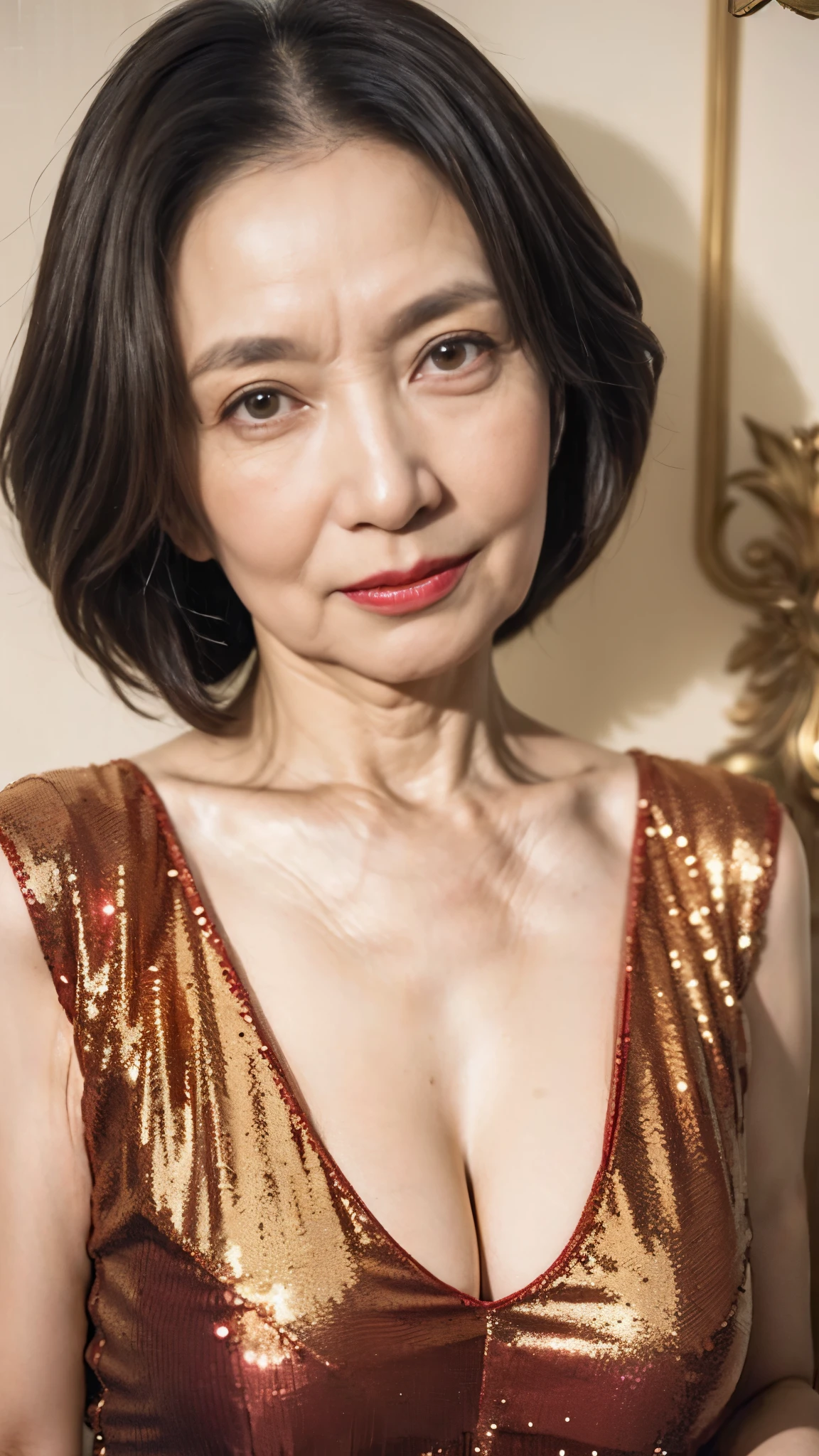 Masterpiece, ((Great focus)), 32K, Beautiful finish, Beautiful mature woman, 70-year-old woman, Face close-up, Sharp Eyes, Long face, (Thin and high nose), Red lips, Thin lips, Golden sequin dress, Light from the front,