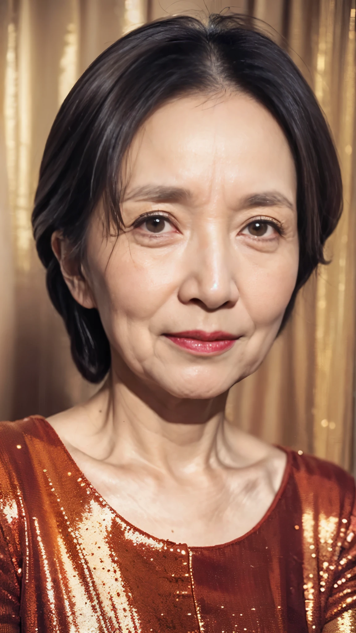 Masterpiece, ((Great focus)), 32K, Beautiful finish, Beautiful mature woman, 70-year-old woman, Face close-up, Sharp Eyes, Long face, (Thin and high nose), Red lips, Thin lips, Golden sequin dress, Light from the front,