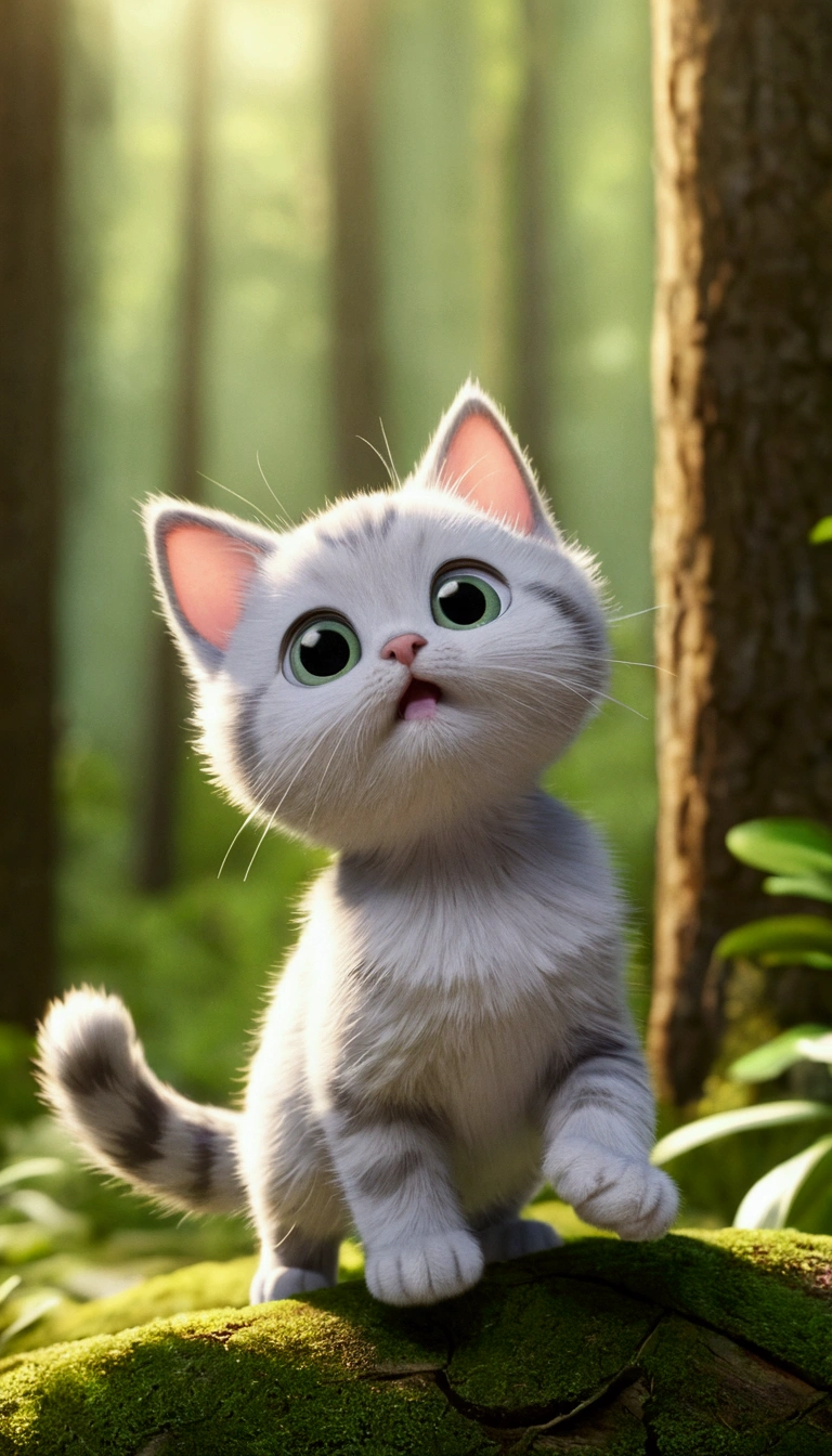 **[cutecore, tinycore, naturecore] tiny cute cat, forest, playing, looks enjoy, pixar style eyes