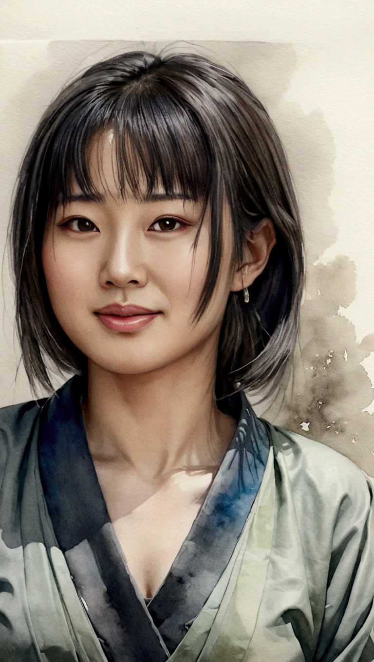 portrait of a Japanese woman, medium shot, artistic , artist model , a charcoal drawing by William Twigg-Smith, CGSetnation, arte figurativa, water colour, colourful drawing, dynamic pose, fully body, Watercolor and Paint