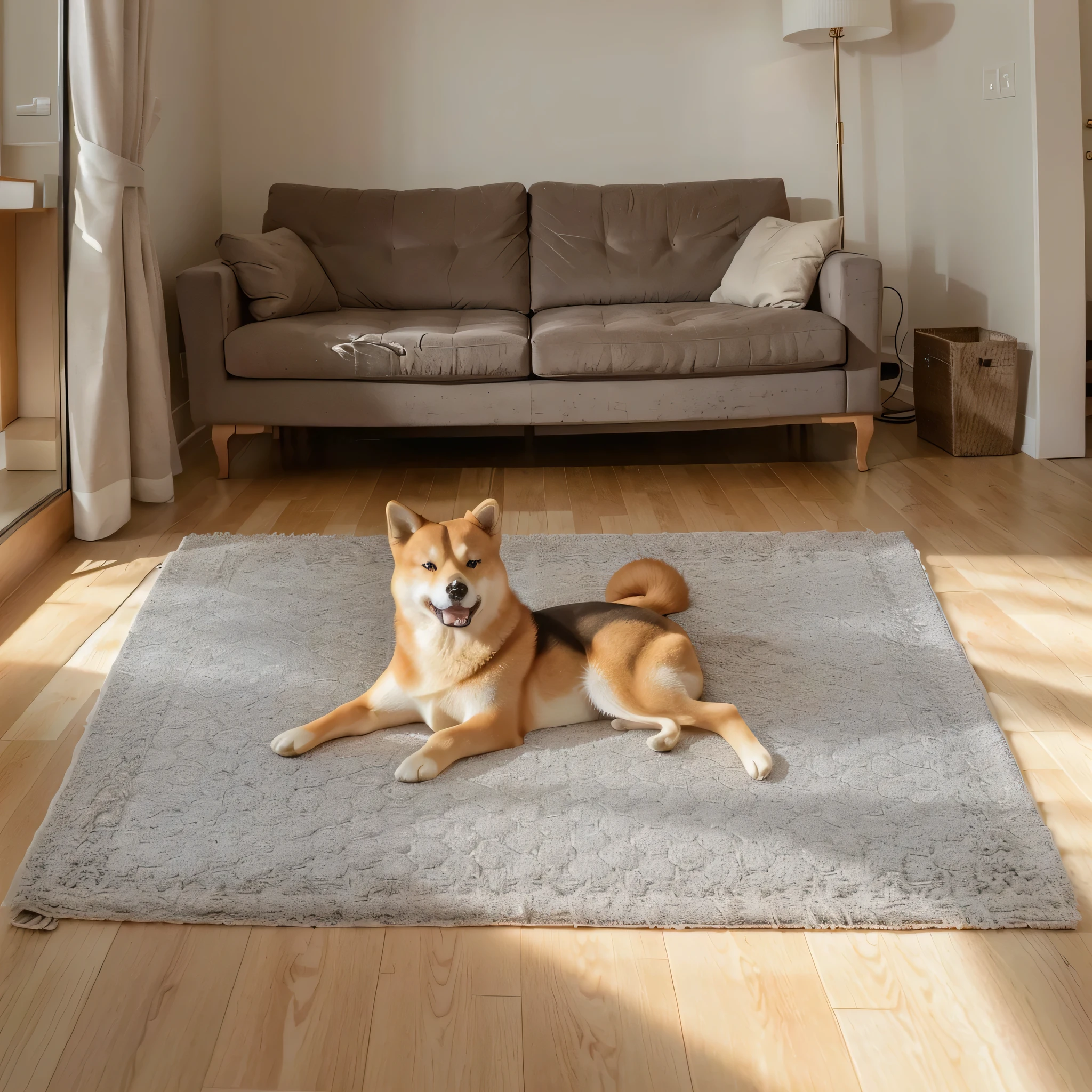 There is a Shiba Inu lying on the short-haired carpet in the living room, In the living room, Placed in a large living room, , product photo, In the living room, Bright morning light, On a gray background,Warm Lights, High target, Designed for comfort and aesthetics!Ultra-realistic light and shadow，High-end，Photographs