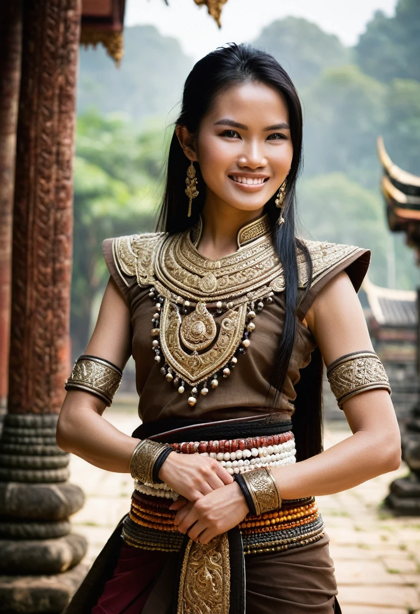 a very beautiful Thai female warrior stands in a powerful combat pose. She has long, flowing black hair adorned with intricately crafted beads and decorations, adding charm to her persona. Her body is strong and toned, reflecting rigorous training. She wears a sleeveless brown top that allows her to move freely, along with a finely decorated belt. Bandages wrap around her forearms, providing additional strength and protection from injuries.

Her sweet face displays smile, 
The background features an ancient  Thai temple with intricate details, slightly blurred to give a sense of distance and time. The atmosphere in the image is thrilling, with mist lingering in the air, adding mystery and intrigue to the scene.