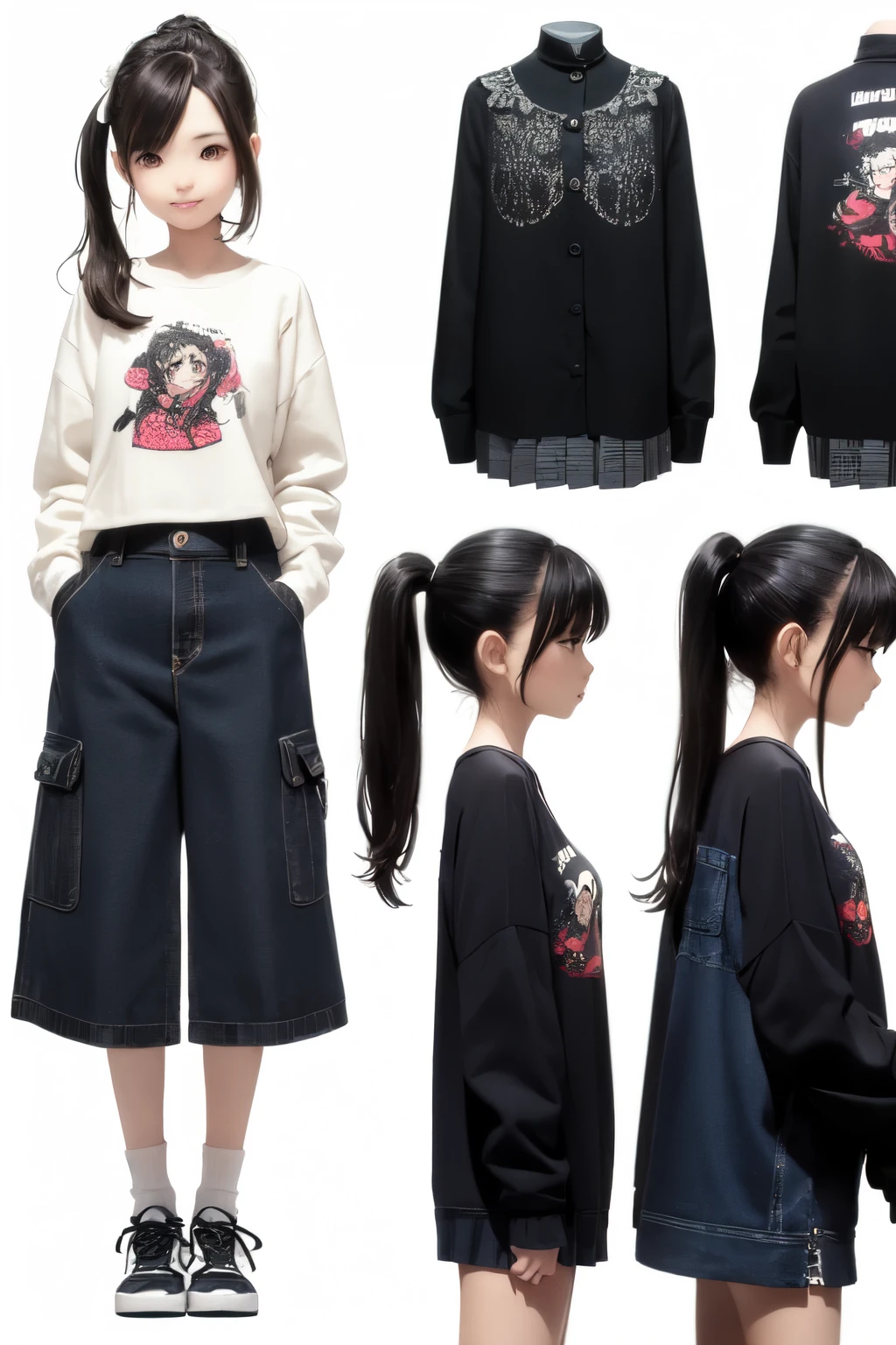 Game original character design,Twin ponytail girl,Wear preppy clothes,Three View,Front view,side view。Rear view