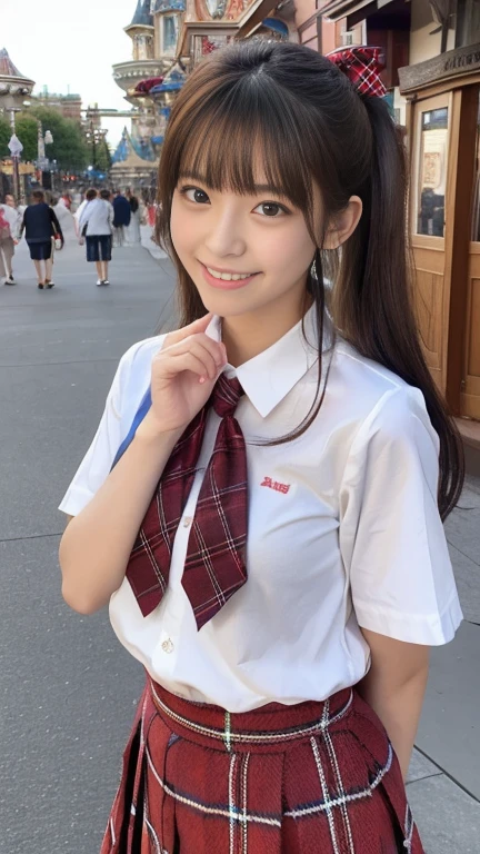 Tabletop, Highest quality, 8k、(Golden ratio face、Balanced Eyes、Very lively eyes、Slightly droopy eyes)、double eyelid、Innocent face、Young Face、Beautiful Nose、Embarrassed Laugh、Lip gloss、Balanced style、Brown twin tail hair、Very beautiful girl、Beautiful girl solo like a model、Red ribbon on head、Tartan check tie、Sailor suit、White shirt、Tartan plaid skirt、１６Year、nice smile、teeth、Standing in Disneyland、