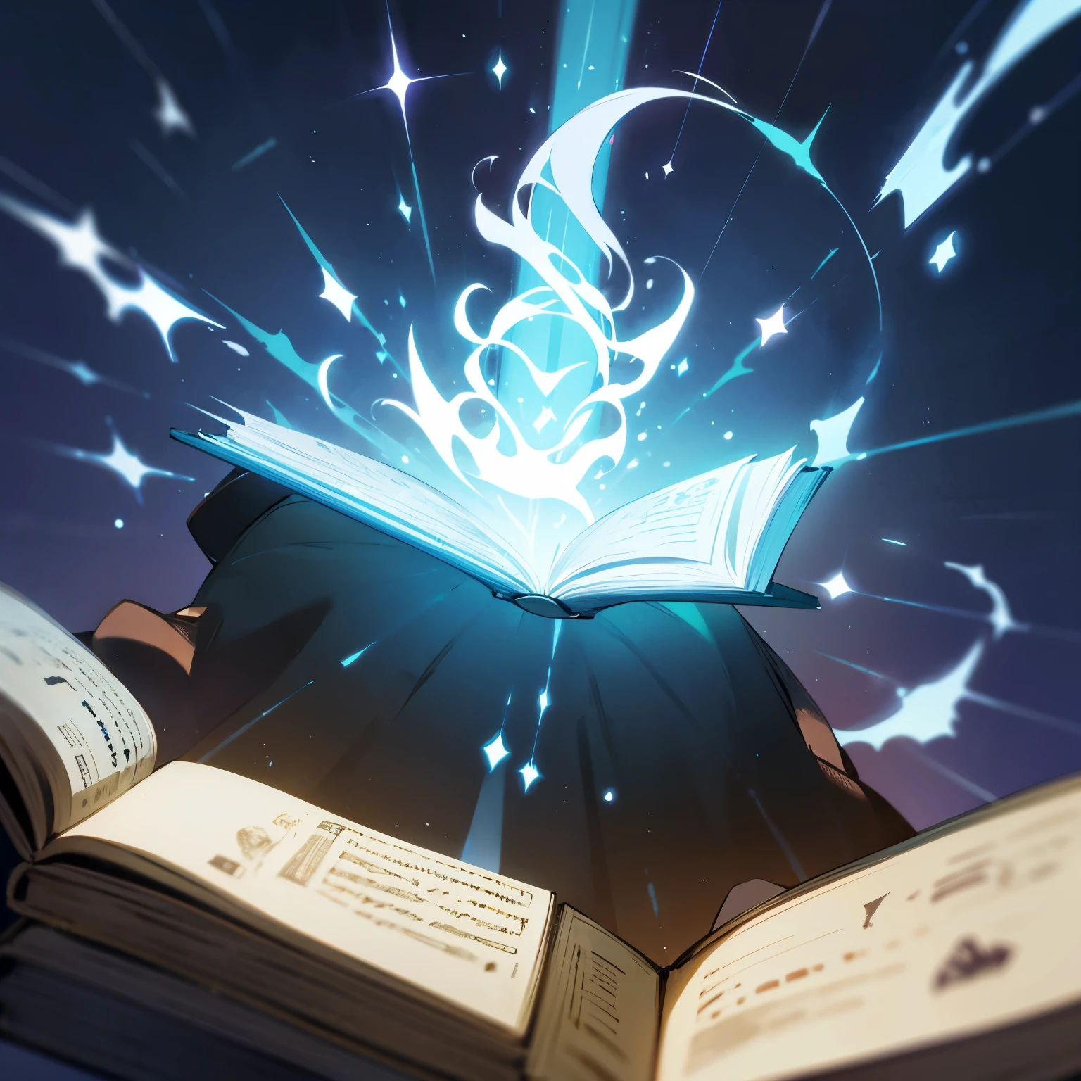 Wizard casting magic in front of book , magic scene , front perspective