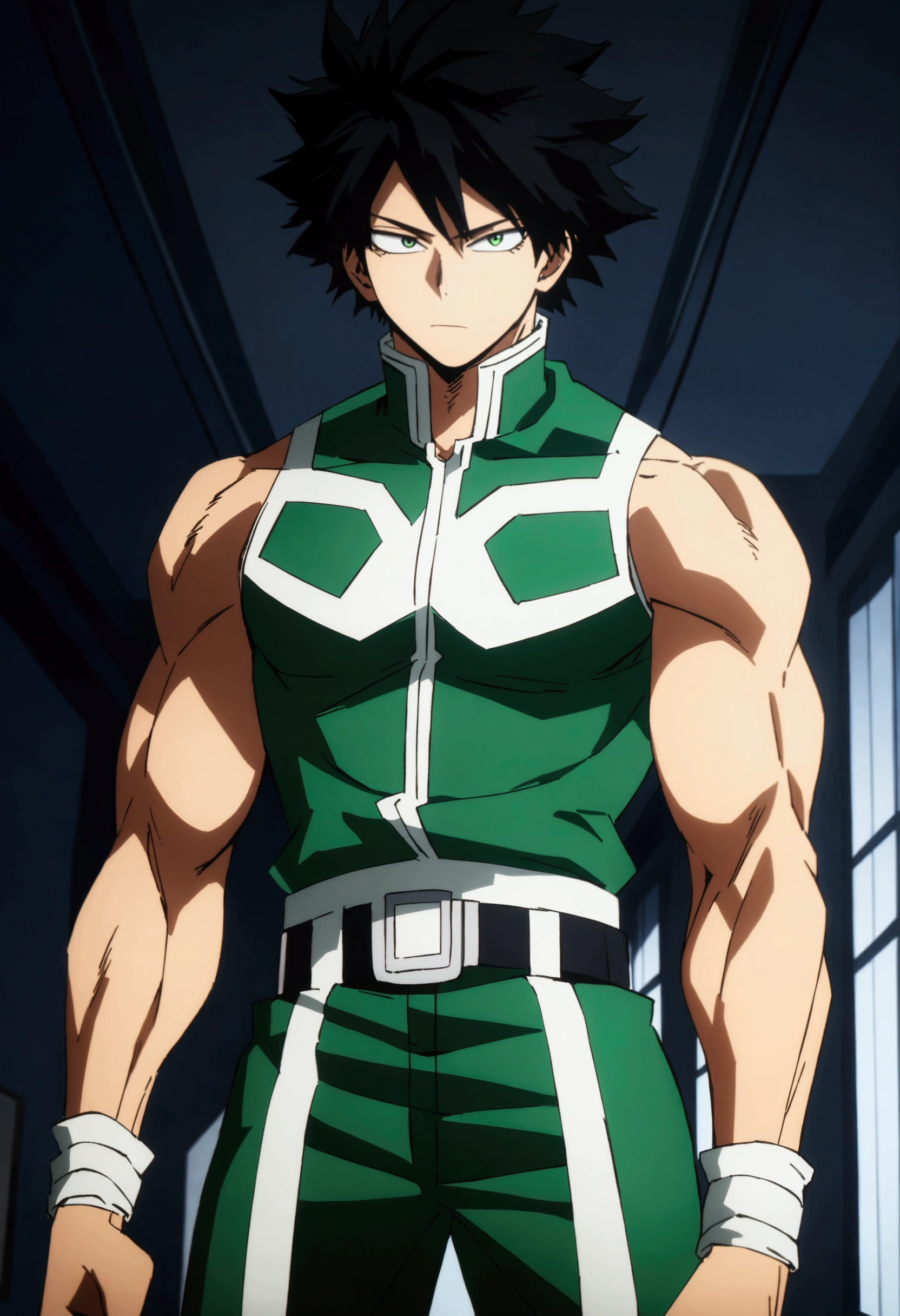 He is a , He has slightly disheveled very black hair..., somewhat light green eyes, , muscular body , anime art slyle my hero academy , sexy face, He is dressed in the anime male uniform "my hero academia", , 8k, high quality, masterpiece, , cinematic, vivid colors, shining green eyes