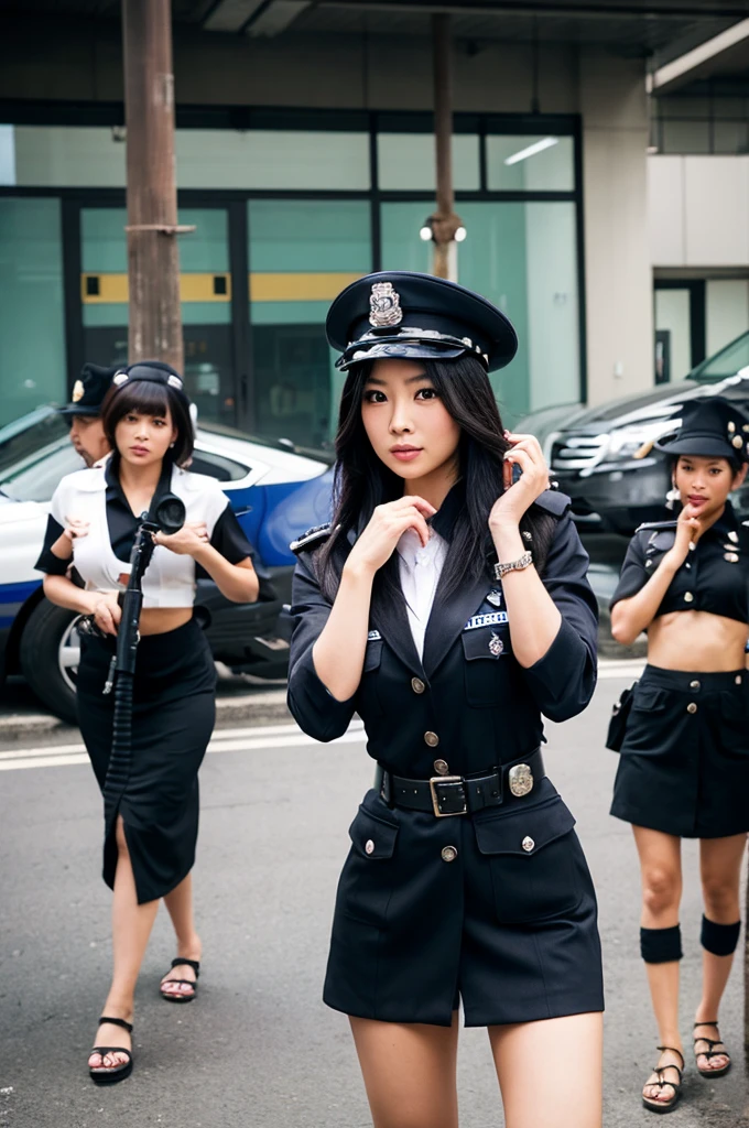 An Asian busty female police officer surrounded by a group of black bandits