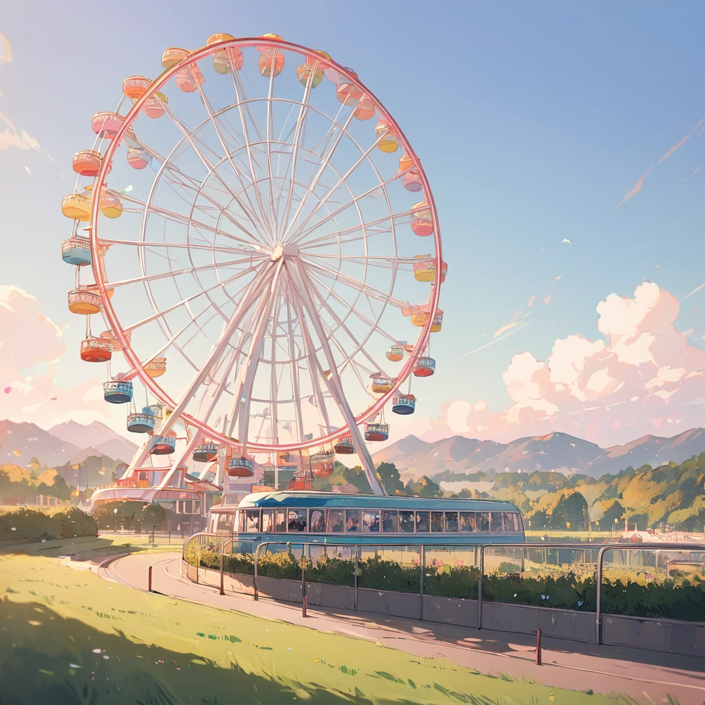 (Close-up Ferris wheel), landscape, cute, Round Ferris Wheel, No people, Beautiful blue sky, clouds、 Real