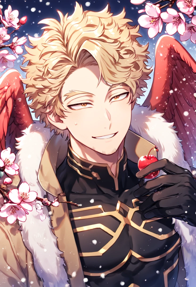 Ultra detailed, HDR, Highres, absurdres, master piece, Hawks, ash blonde hair, expressive golden-brown eyes, faint stubble, red wings, brown coat with fur, black tight shirt, black gloves, Boku No Hero Academia, sexy man, handsome, cherry, flowers, blossoms, fantasy, magical, pink leaves, snowing, handsome, sensual, best quality, glittering, solo, handsome smile,