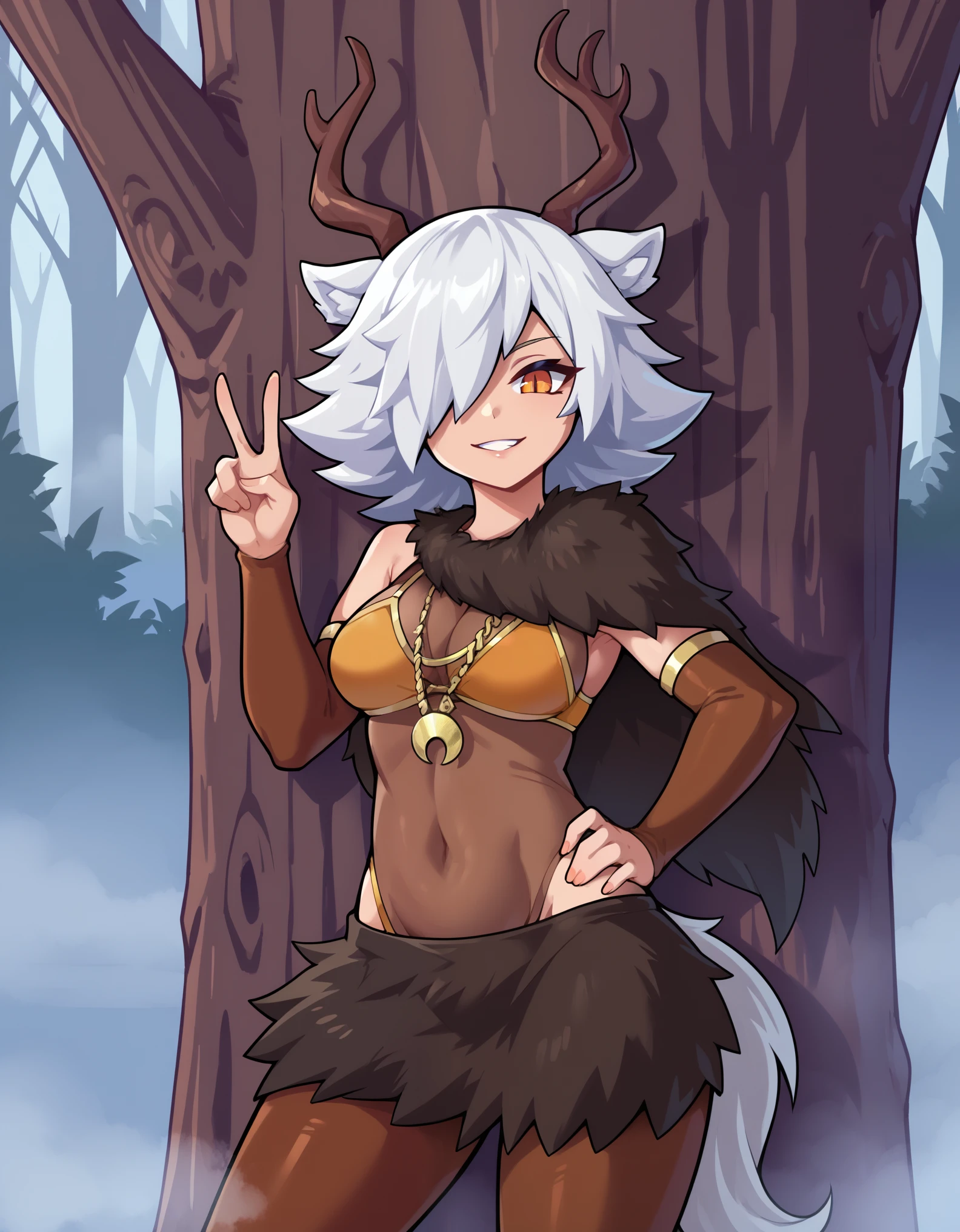 1girl,solo,deer girl,antlers,white hair,animal ears,tail,hair over one eye,orange eyes,slit pupils,crescent moon necklace,fur capelet,brown shirt,yellow bikini top,fur skirt,brown legwear,detached sleeves,
forest,outdoors,bare tree,fog,
looking at viewer,smile,hand up,v,hand on own hip,standing,back against tree,, score_9, score_8_up, score_7_up, perfect anatomy, source_anime, zPDXL2,