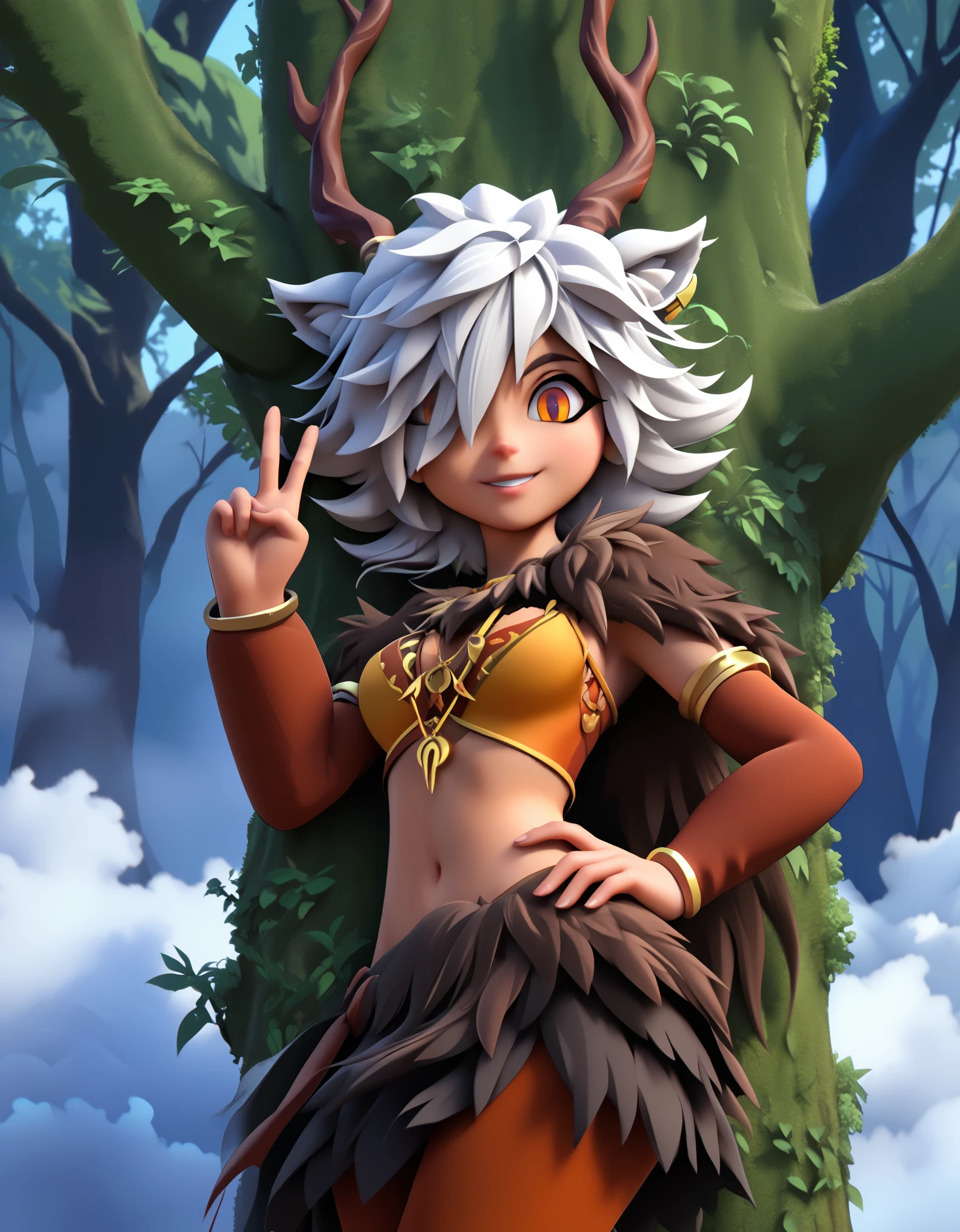 1girl,solo,deer girl,antlers,white hair,animal ears,tail,hair over one eye,orange eyes,slit pupils,crescent moon necklace,fur capelet,brown shirt,yellow bikini top,fur skirt,brown legwear,detached sleeves,
forest,outdoors,bare tree,fog,
looking at viewer,smile,hand up,v,hand on own hip,standing,back against tree,, score_9, score_8_up, score_7_up, perfect anatomy, source_anime, zPDXL2,