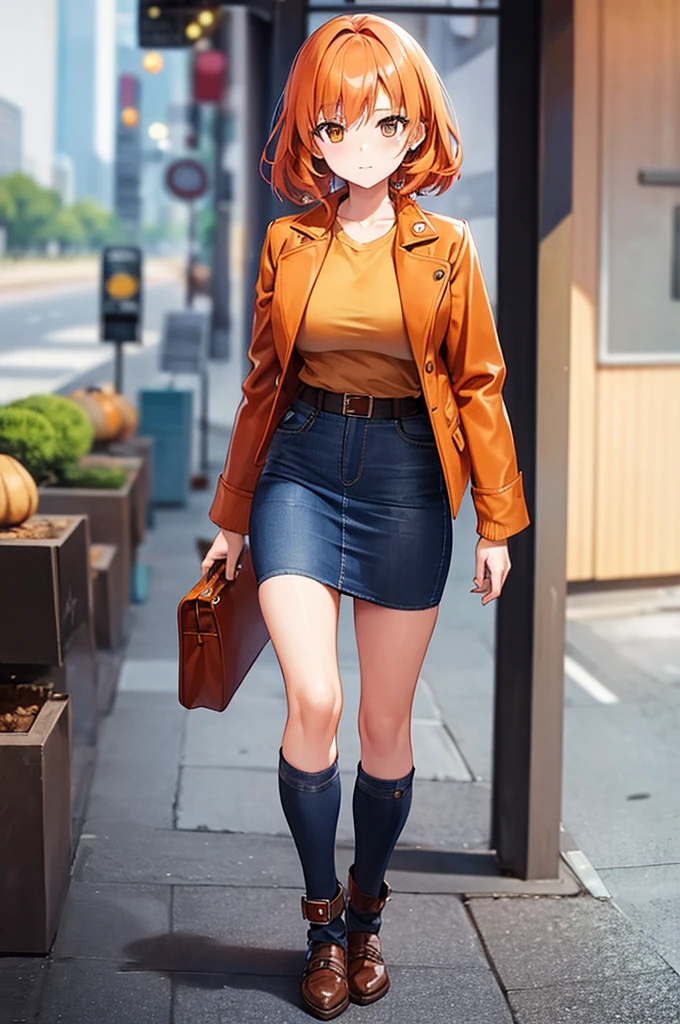 Girl with orange hair, brown eyes, chest, tight skirt, jeans jacket and shoes