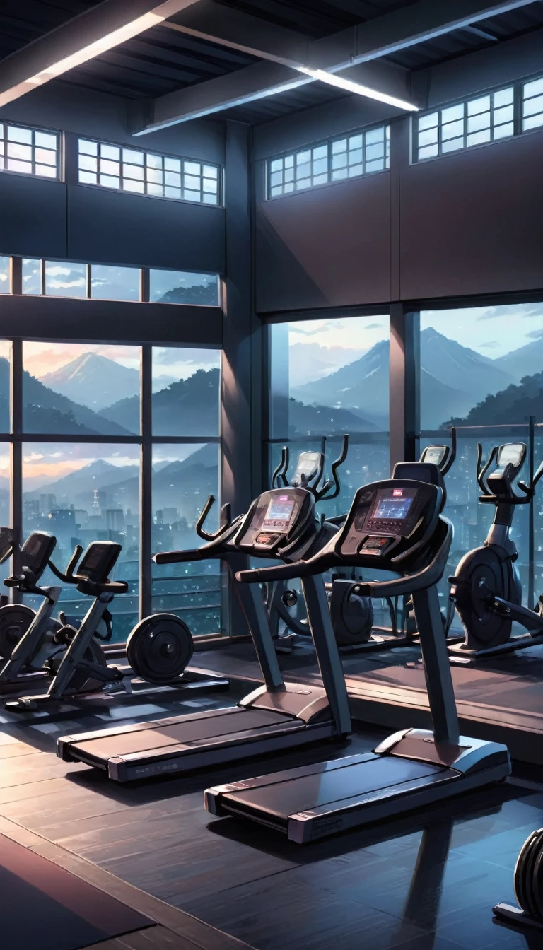 anime art style, backdrop of a modern gym, no subjects, dimly lit, at midnight, no watermark, no logo, no signature