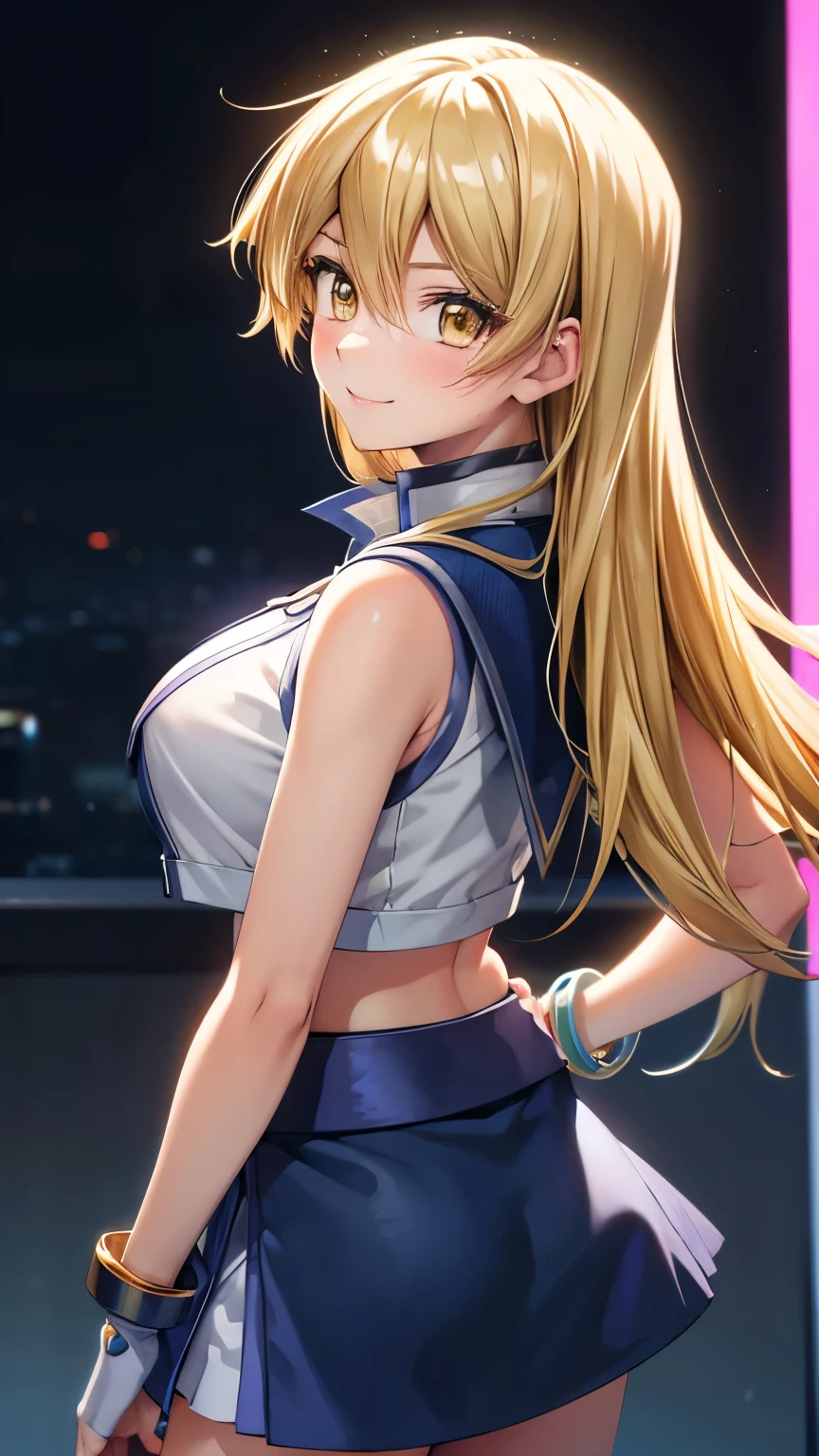 masterpiece, best quality, highres, heart hair ornament, ta1,blonde hair,long hair,yellow eyes, white jacket, sleeveless, blue skirt,tight skirt , miniskirt,fingerless gloves,smile,big tits  ,looking at viewer,top view,(standing), bracelet, Cyber city,blue neon lights,((perfect face)),perfect body, perfect , high definition,blush,((upper body))