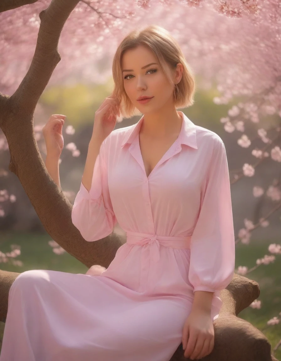 ultra-detailed, sitting under a blooming cherry blossom tree in a vibrant garden, surrounded by colorful flowers. She has radiant, expressive eyes, full of curiosity and innocence. Her lips are delicately curved into a gentle smile. Her hair are tied back with a ponytail and bangs. She wears a necklace, a bracelet, and dangling earrings. The sunlight filters through the branches, casting soft shadows on her face. The cherry blossoms create a dreamy atmosphere with their soft pink petals gently falling around her. The schoolgirl's uniform consists of a very short crop top, a pleated miniskirt, and white thigh-highs. The garden is filled with a variety of flowers, including roses, tulips, and daisies, in vibrant shades of pink, red, yellow, and purple. The scene is bathed in a warm, cinematic light, with a slight golden hue, giving it a romantic and nostalgic feel. The image quality is of the highest standard, with ultra-fine details visible in every aspect, from the delicate strands of hair to the intricate patterns on the schoolgirl's uniform. The colors are vivid and vibrant, with a perfect balance of saturation and contrast. The lighting creates a soft, enchanting glow, enhancing the allure of the scene. The overall composition exudes a sense of tranquility and beauty, inviting the viewer to immerse themselves in the serene moment.