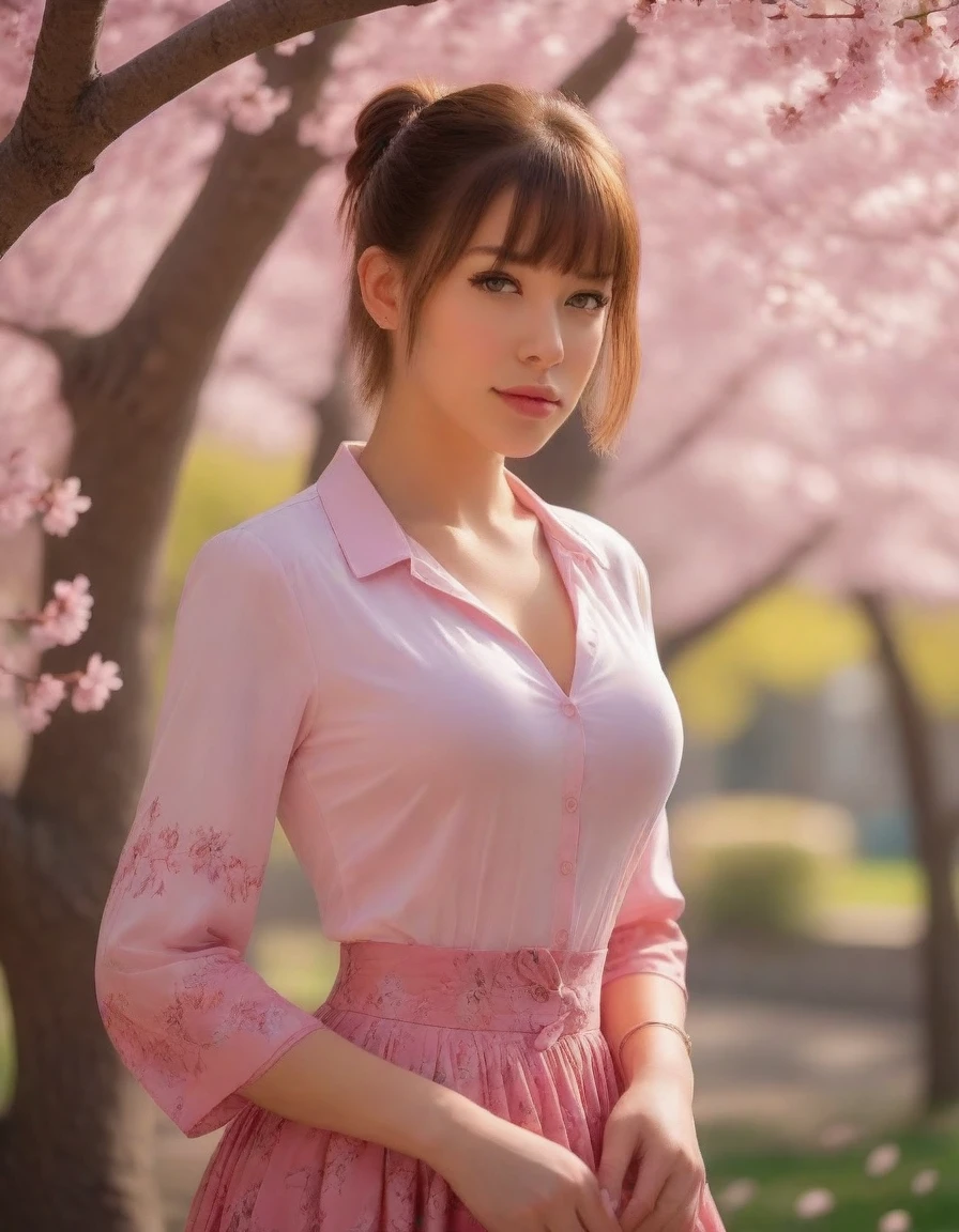 ultra-detailed, sitting under a blooming cherry blossom tree in a vibrant garden, surrounded by colorful flowers. She has radiant, expressive eyes, full of curiosity and innocence. Her lips are delicately curved into a gentle smile. Her hair are tied back with a ponytail and bangs. She wears a necklace, a bracelet, and dangling earrings. The sunlight filters through the branches, casting soft shadows on her face. The cherry blossoms create a dreamy atmosphere with their soft pink petals gently falling around her. The schoolgirl's uniform consists of a very short crop top, a pleated miniskirt, and white thigh-highs. The garden is filled with a variety of flowers, including roses, tulips, and daisies, in vibrant shades of pink, red, yellow, and purple. The scene is bathed in a warm, cinematic light, with a slight golden hue, giving it a romantic and nostalgic feel. The image quality is of the highest standard, with ultra-fine details visible in every aspect, from the delicate strands of hair to the intricate patterns on the schoolgirl's uniform. The colors are vivid and vibrant, with a perfect balance of saturation and contrast. The lighting creates a soft, enchanting glow, enhancing the allure of the scene. The overall composition exudes a sense of tranquility and beauty, inviting the viewer to immerse themselves in the serene moment.