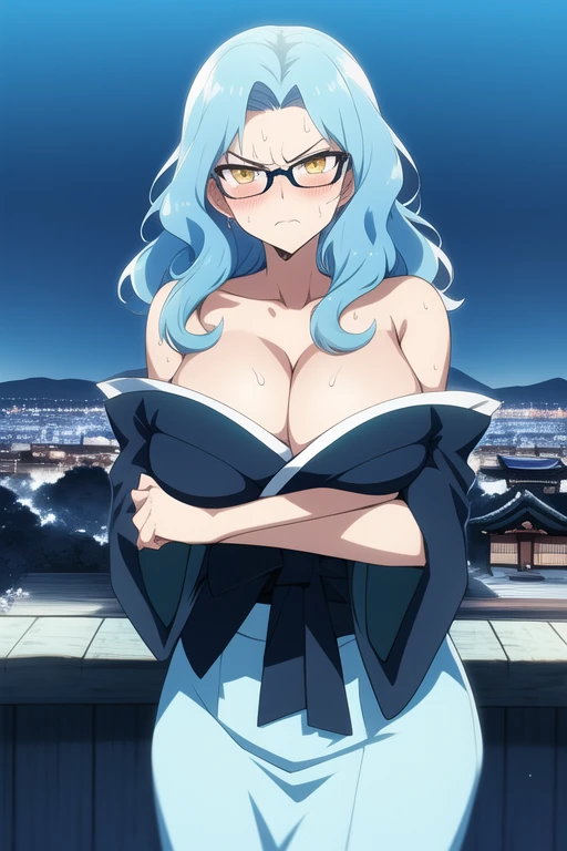 Angry, Glasses, old woman, light blue hair, yellow eyes,, night, big "Shihakusho black and white" shinigami, MILF, Wavy hair , Japan city background, cleavage, Crossed arms. ","relaxed hair" "City with old wooden houses in the background" "it was edo" big breasts, sweating, Blushing.