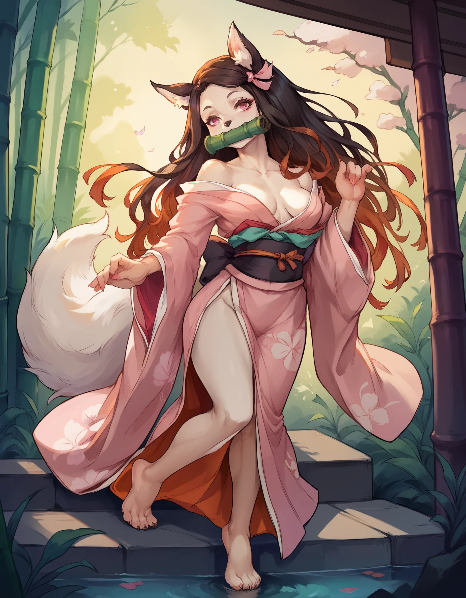 score_9,score_8_up,score_7_up, score_6_up, source_anime, Anthro, pink eyes, nezuko kamado, she is an Anthro furry white fox girl, snout, black nose, white fox tail and ears, feet paws, four toes, wearing kimono, barefoot, sexy feet, mouth covered, (bamboo mouth cover):1.4, playful pose, standing, in a feudal era Japanese house, elegant background