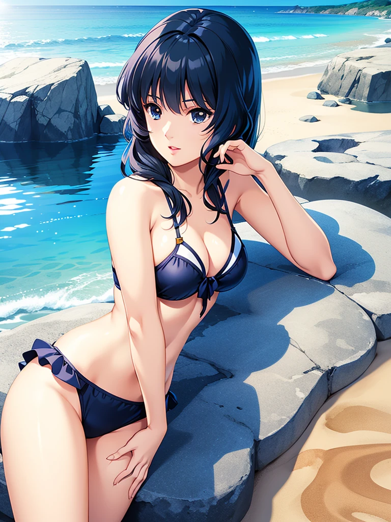 LynnMinmay, 1girl, solo, black hair, cowboy shot, ultra-detailed, best quality, masterpiece, illustration, game cg, beach, swimsuit