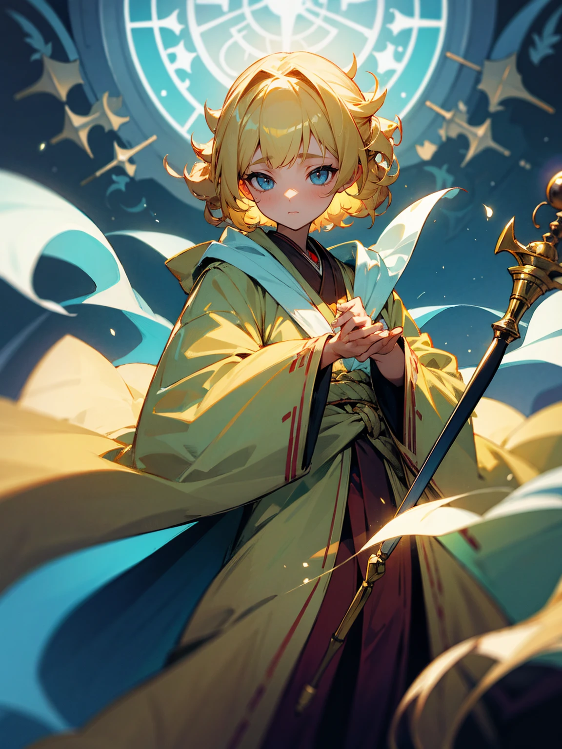female, glasees, blonde hair, curly, healer robes, staff, gentle expression