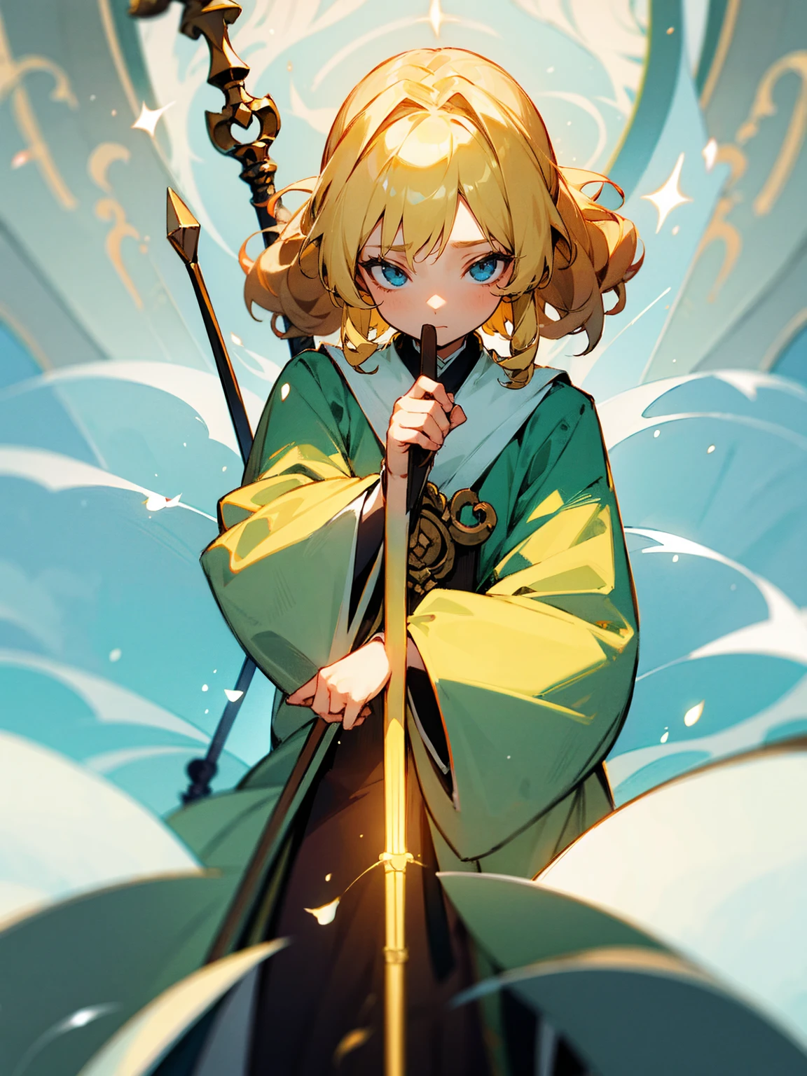 female, glasees, blonde hair, curly, healer robes, staff, gentle expression