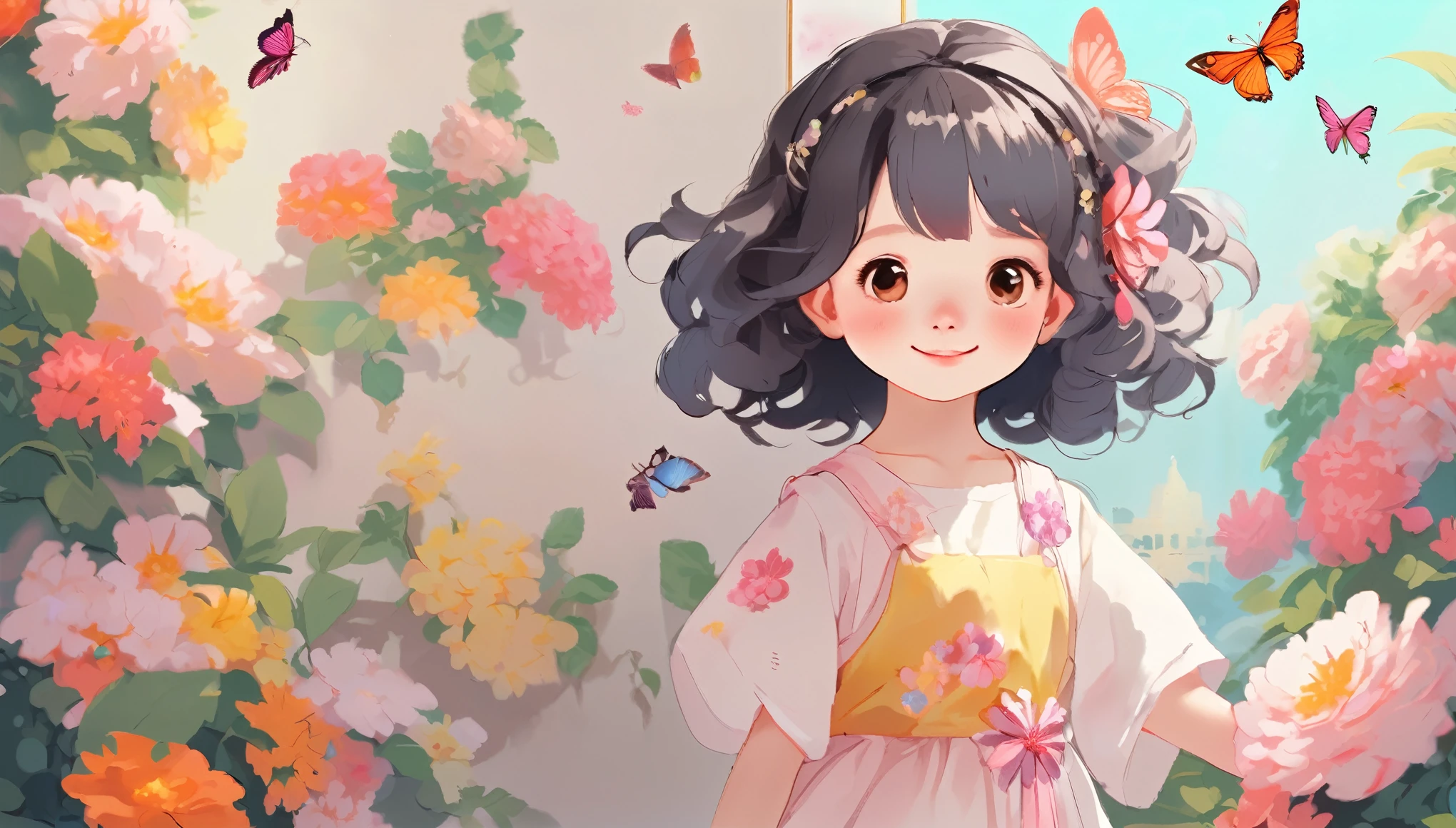There is a wall in the background、There are beautiful paintings on the walls、A cute girl walking in front of the wall、Walking with a smile、Cute Shoes、splash、Flower Hair Ornaments、Butterfly Hair Ornament、Shooting from the side、Bright colors、Studio Lighting、Physically Based Rendering