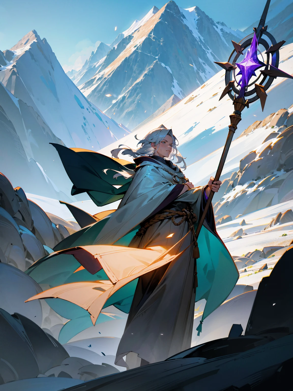 male, giant, grey hair, long and wild, druid robes, magical staff, mountains