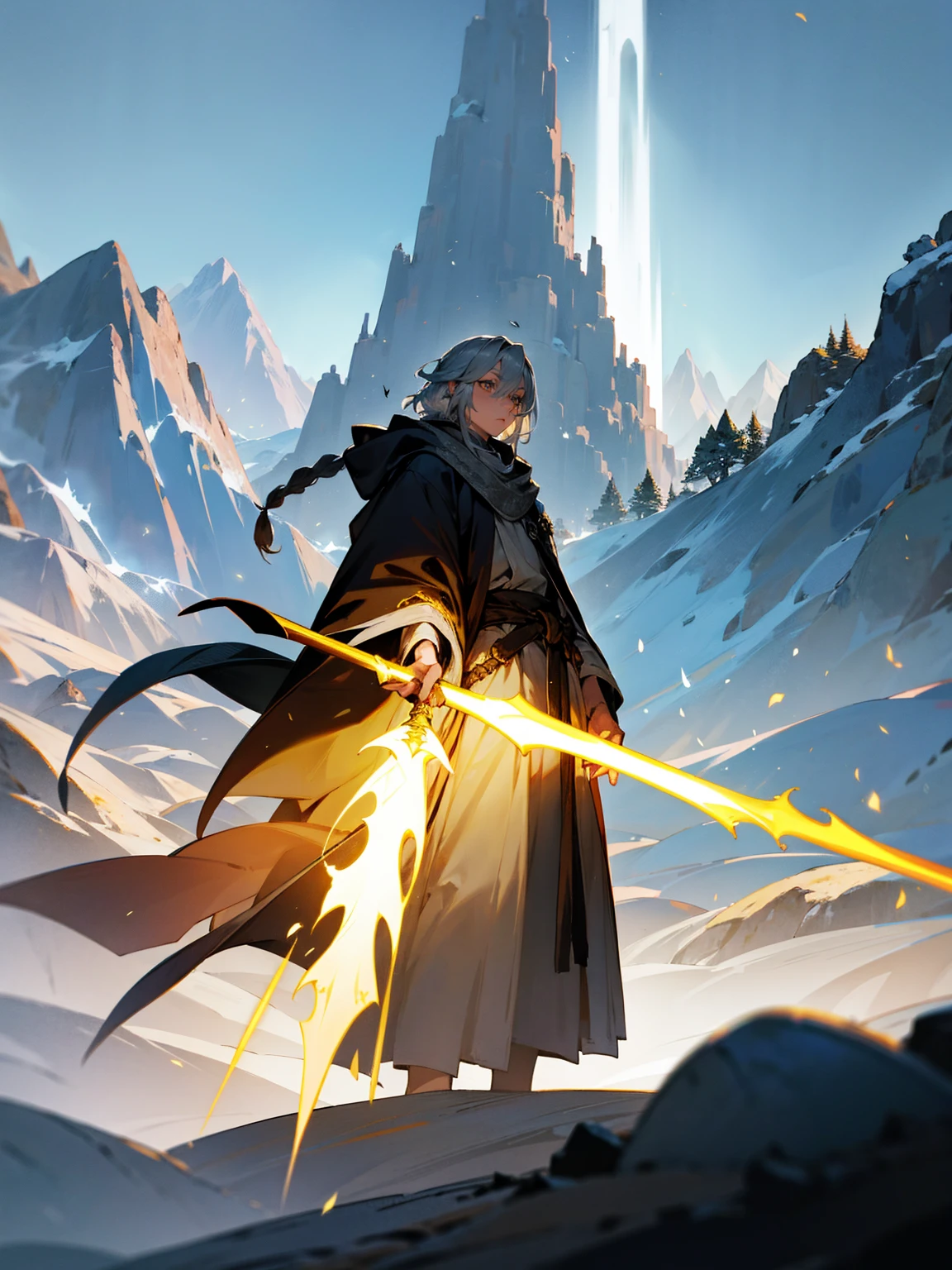 male, giant, grey hair, long and wild, druid robes, magical staff, mountains