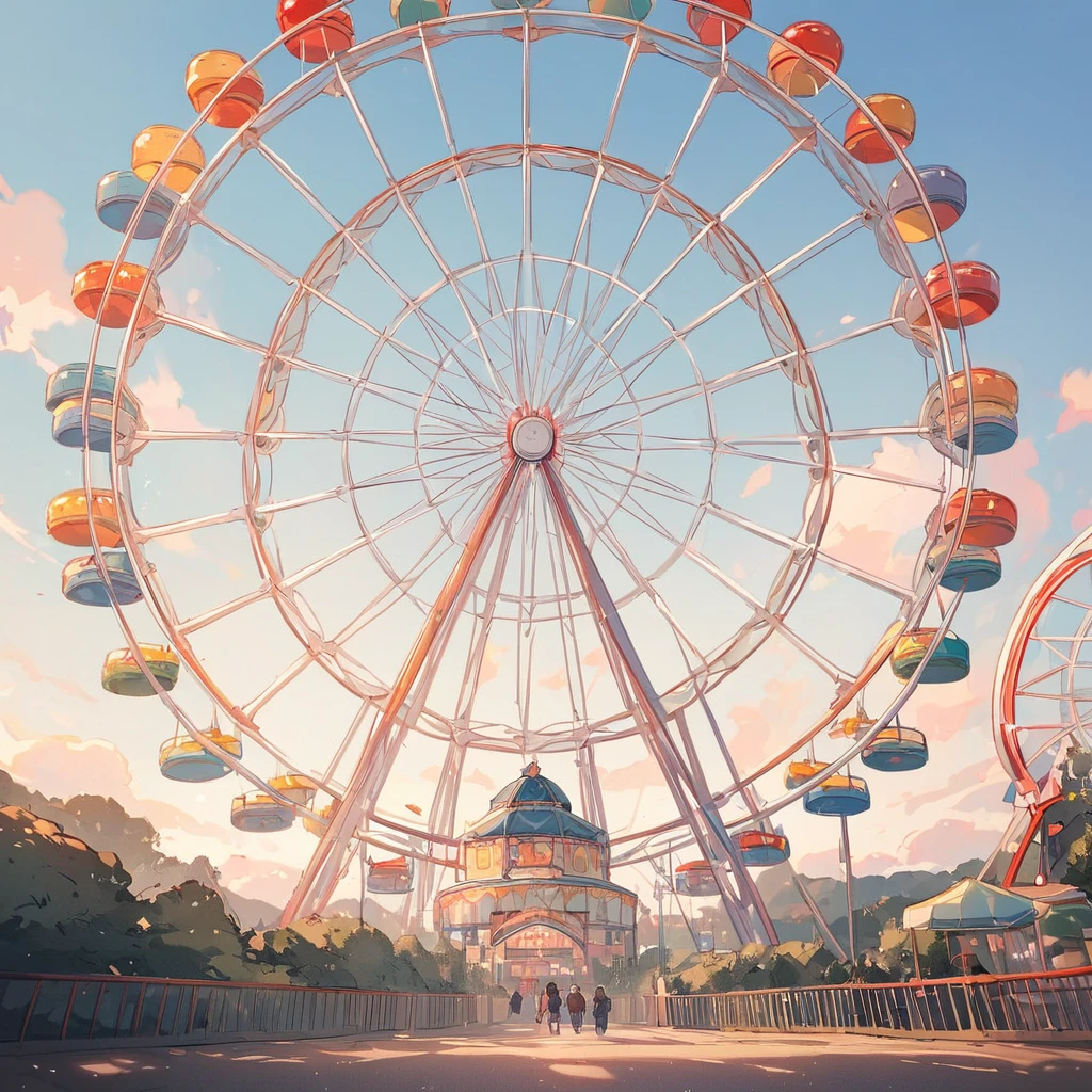 (Close-up Ferris wheel), landscape, cute, Round Ferris Wheel, No people, Beautiful blue sky, clouds、 Real