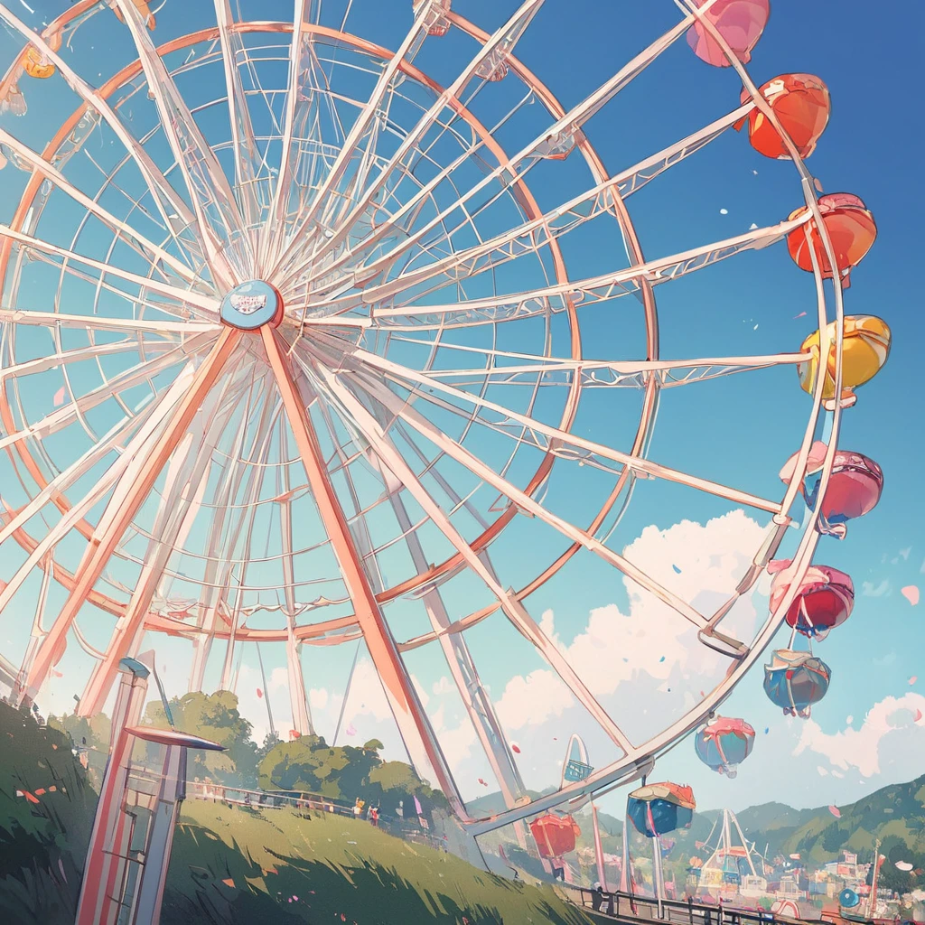 (Close-up Ferris wheel), landscape, cute, Round Ferris Wheel, No people, Beautiful blue sky, clouds、 Real