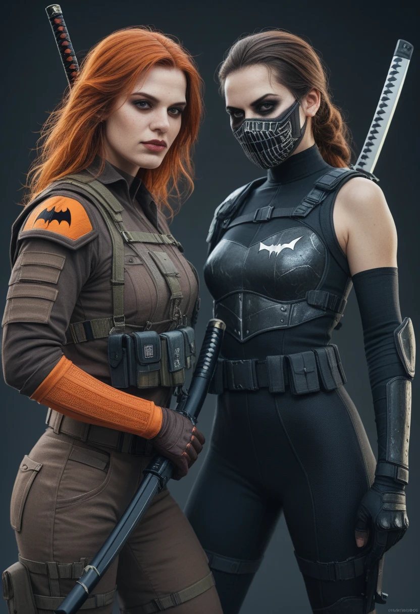 (wide shot)Portrait of a female Deathstroke from Batman: Arkham Origins. She wears a sleek, fitted armor in black and orange, with a tactical, modern design. Her mask covers her entire face, featuring the iconic half-black, half-orange pattern. Only the eyes are visible on the orange side of the mask, not on the black side. She has a sniper rifle on her back, a katana ready in one hand, and a pistol in the other. The armor includes reinforced plating on the chest, shoulders, and legs, with flexible material at the joints. Her appearance is both elegant and deadly, reflecting her skills as a highly trained assassin.”hard light, (detailed Skin and hair texture) +++, strongly contrasted, --ar 9:16 --stilize 750 --v 6 --chaos 99