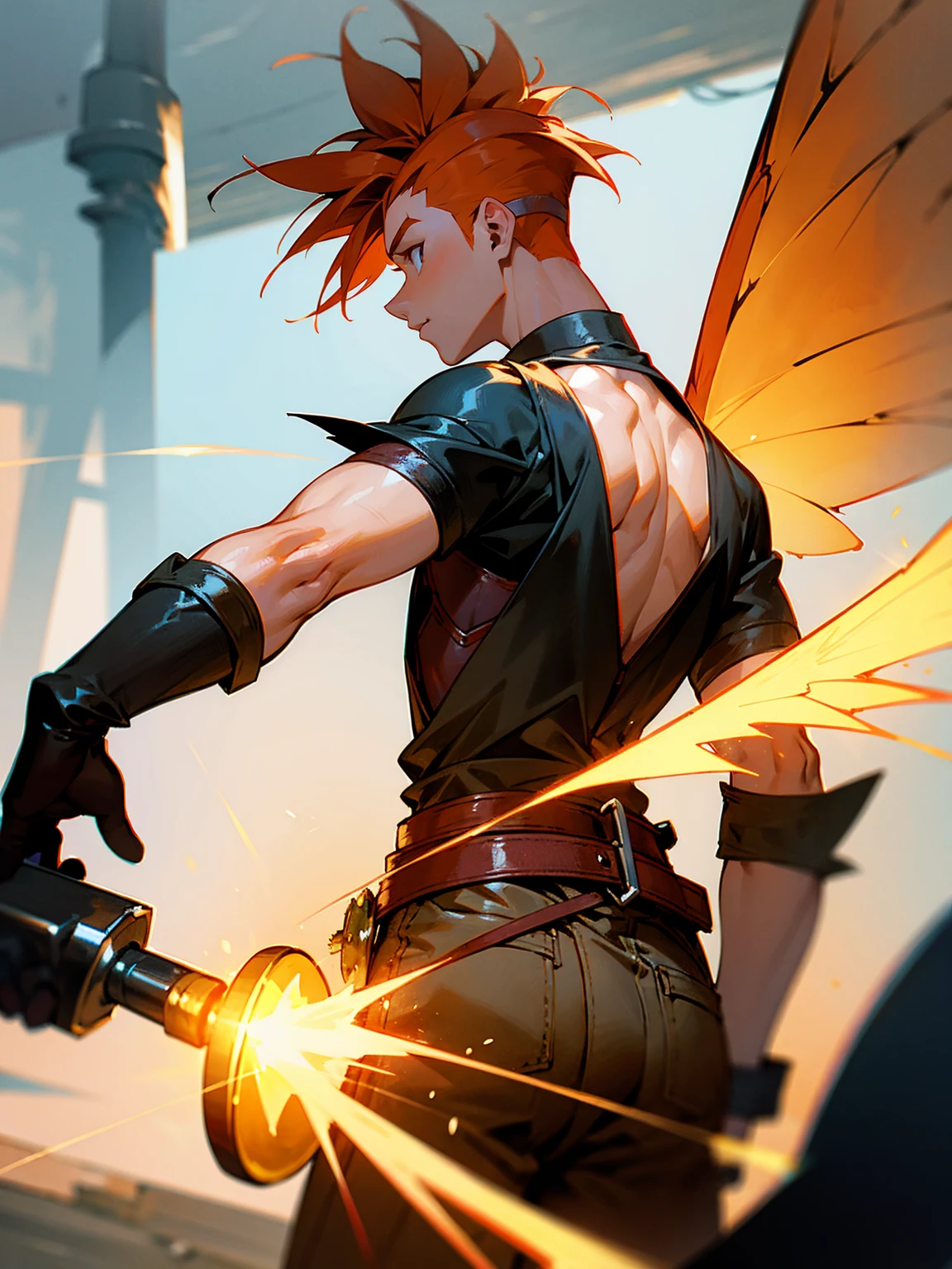 male, fairy wings, orange hair, mohawk, blacksmith attire, hammer, focused