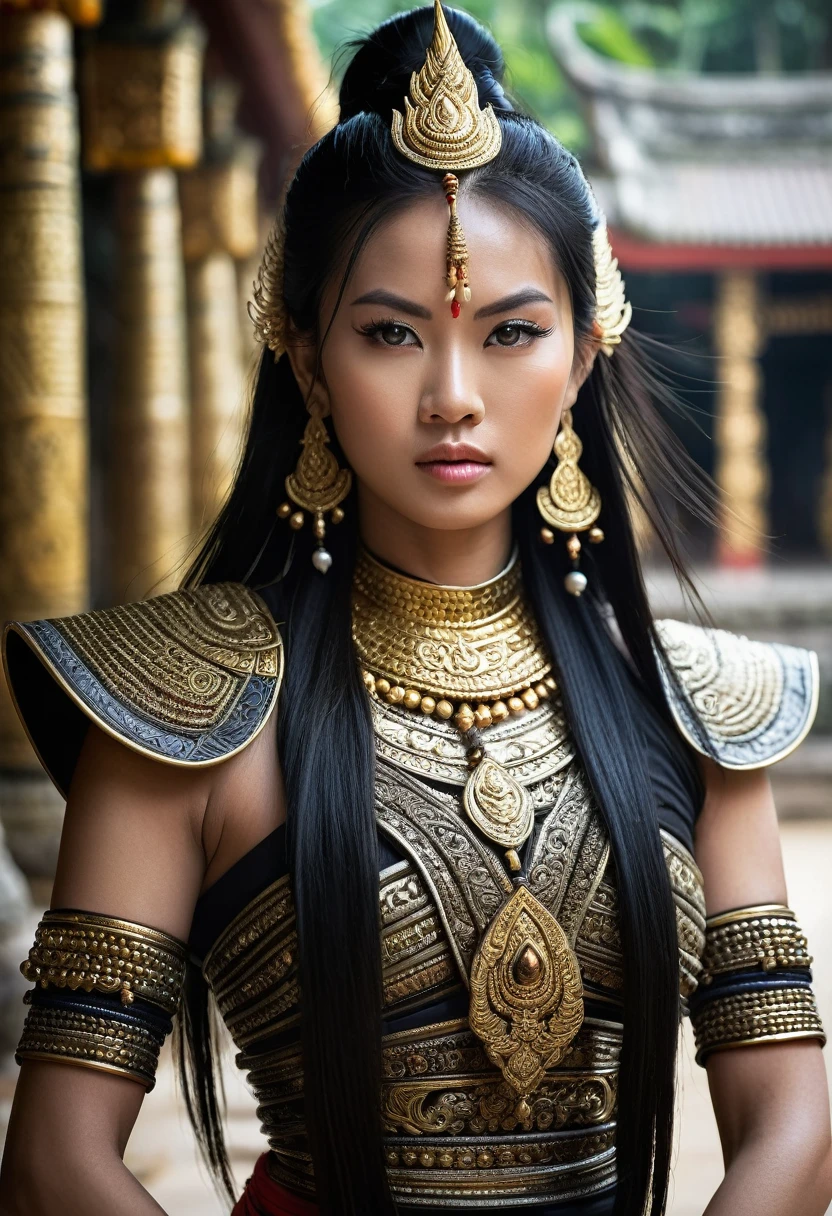 a very beautiful Thai female warrior. She has long, flowing black hair adorned with intricately crafted beads and decorations, adding charm to her persona. Her body is strong and toned, reflecting rigorous training.  The background features an ancient  Thai temple with intricate details, slightly blurred to give a sense of distance and time. The atmosphere in the image is thrilling, with mist lingering in the air