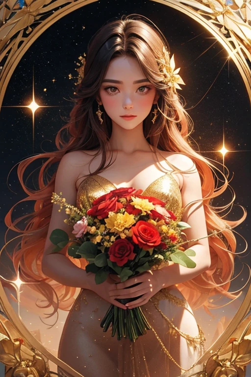 a bouquet of stardust, clear gold and crimson lines, excellent drawing, hyperdetalization of the enchanted island