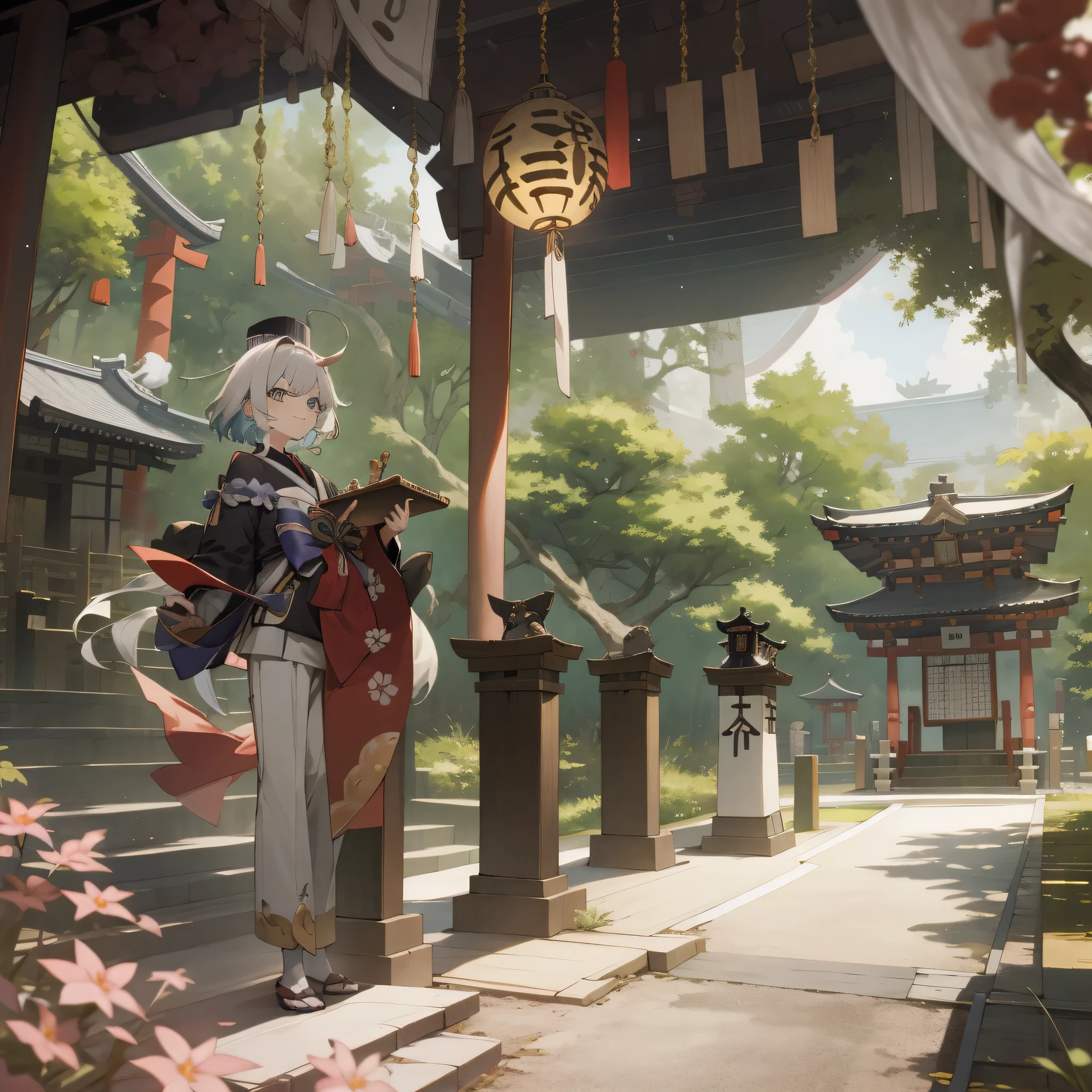 there are many decorations hanging from the ceiling of a building, shinto shrine, near a japanese shrine, japanese shrine, japanese temple, shrines, japanese temples, inspired by Sesshū Tōyō, shrine, inspired by Itō Jakuchū, inspired by Gusukuma Seihō, inspired by Tani Bunchō,HD, ((white hair)),(The finest details), (Best quality at best), (tmasterpiece, Best quality, A high resolution),Forina, tailcoat, upper part of body, close your mouth, ssmile, shorter pants, Top hat,