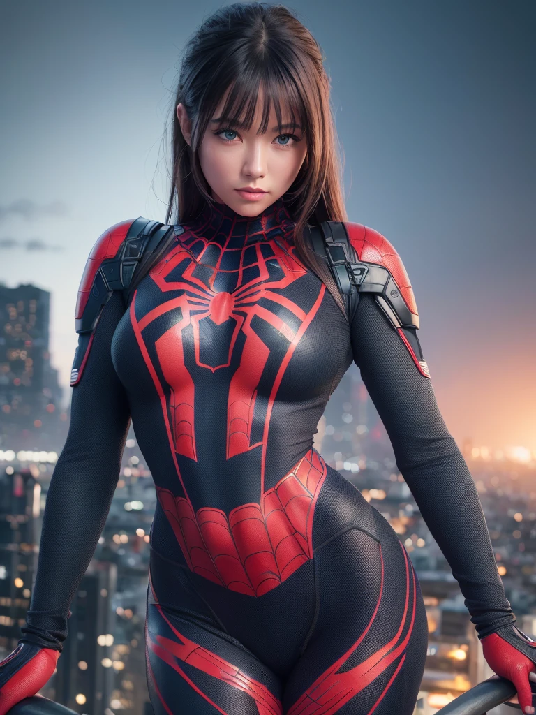 (1girl:1.3), Solo, (((Very detailed face)))), ((Very detailed eyes and face)))), Beautiful detail eyes, Body parts__, Official art, Unified 8k wallpaper, Super detailed, beautiful and beautiful, beautiful, masterpiece, best quality, original, masterpiece, super fine photo, best quality, super high resolution, realistic realism, sunlight, full body portrait, amazing beauty, dynamic pose, delicate face, vibrant eyes, (from the front), She wears Spider-Man suit, red and black color scheme, spider, very detailed city roof background, rooftop, overlooking the city, detailed face, detailed complex busy background, messy, gorgeous, milky white, highly detailed skin, realistic skin details, visible pores, clear focus, volumetric fog, 8k uhd, DSLR, high quality, film grain, fair skin, photo realism, lomography, futuristic dystopian megalopolis, translucent