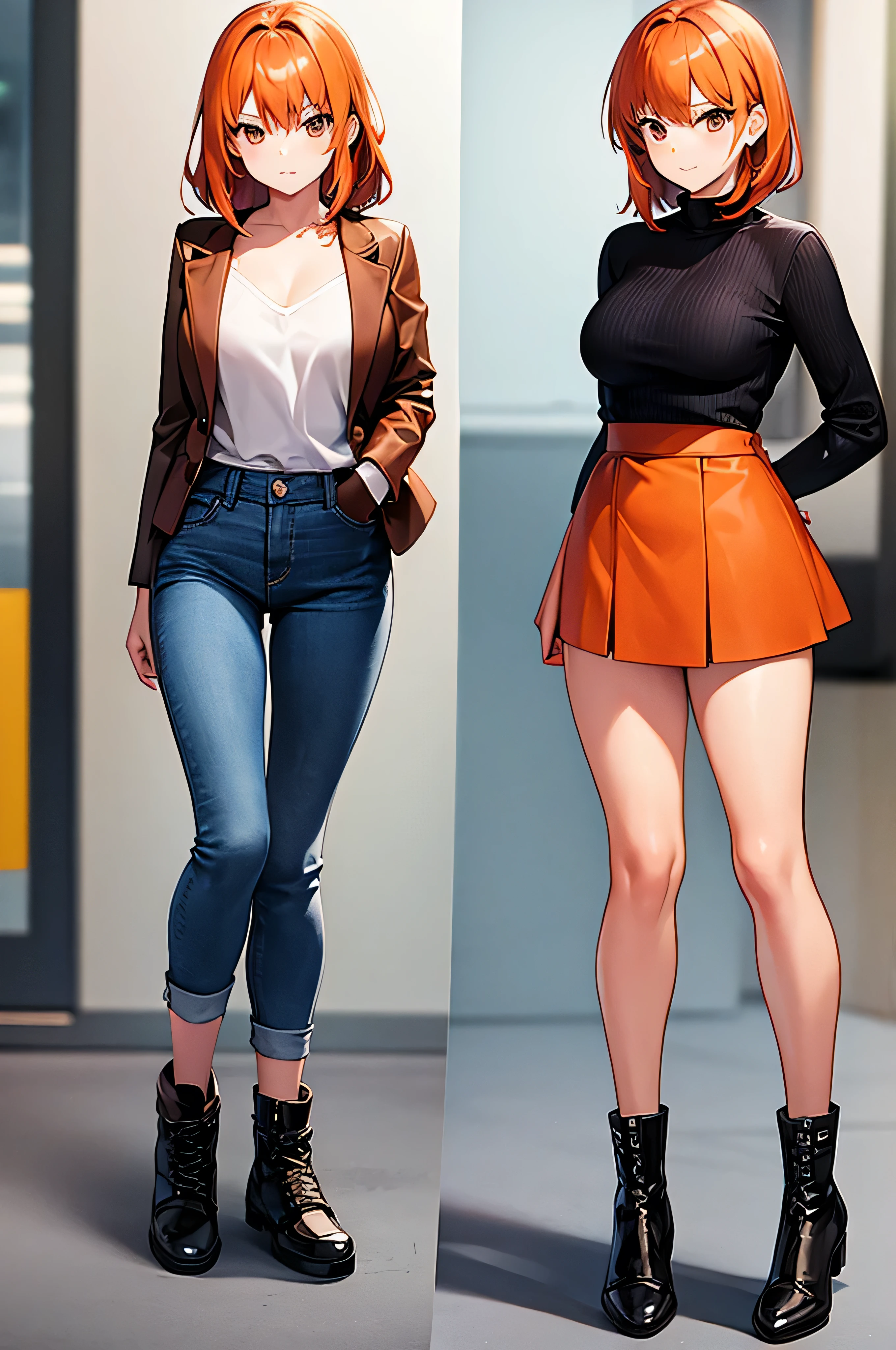 Girl with orange hair, brown eyes, chest, tight skirt, jeans jacket and shoes
