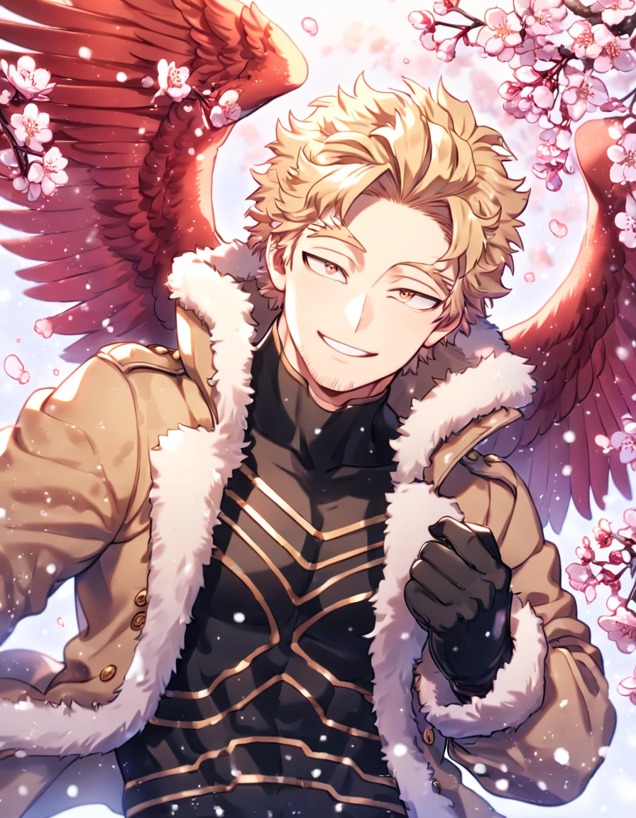 Ultra detailed, HDR, Highres, absurdres, master piece, Hawks, ash blonde hair, expressive golden-brown eyes, faint stubble, red wings, brown coat with fur, black tight shirt, black gloves, Boku No Hero Academia, sexy man, handsome, cherry, flowers, blossoms, fantasy, magical, pink leaves, snowing, handsome, sensual, best quality, glittering, solo, handsome smile,