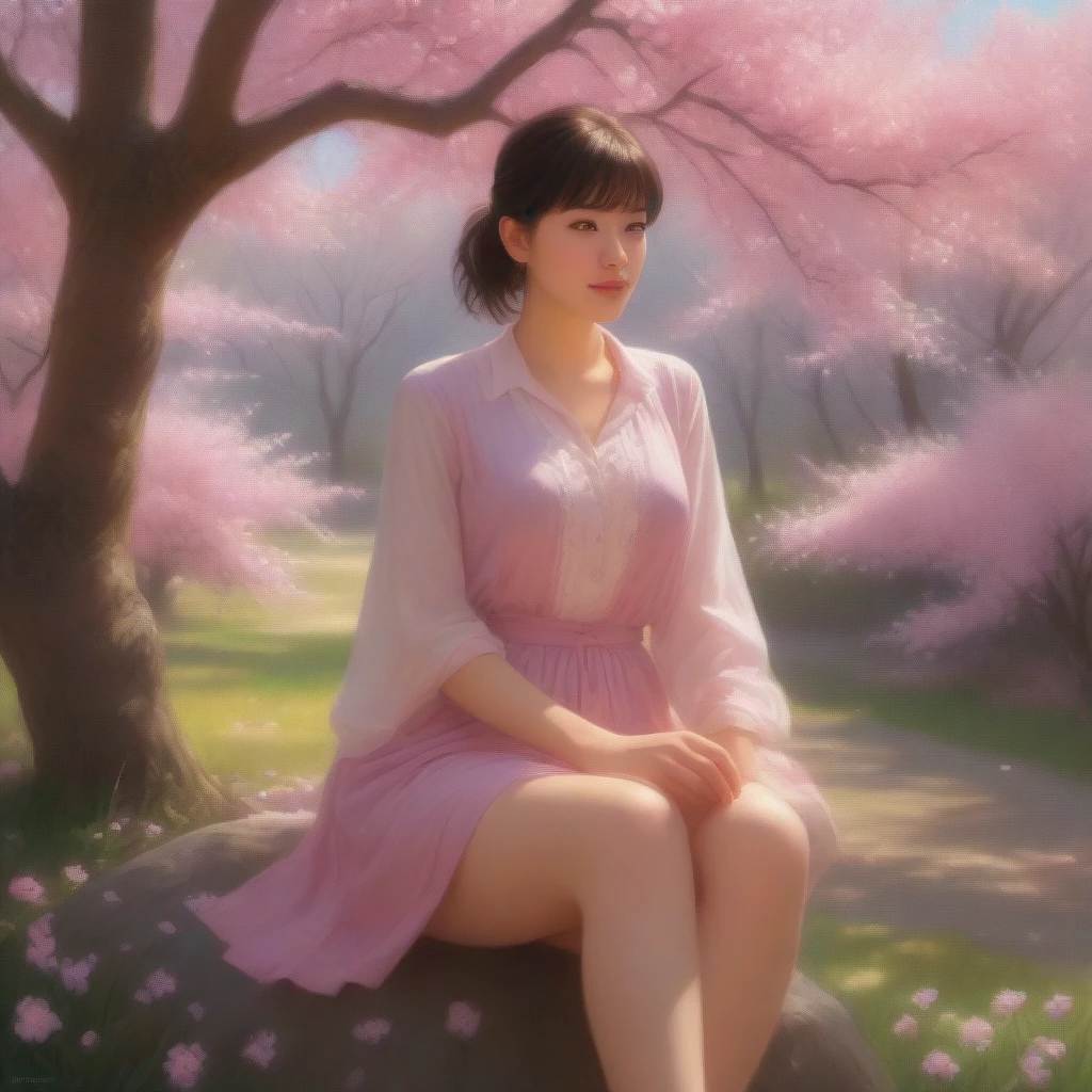 ultra-detailed, sitting under a blooming cherry blossom tree in a vibrant garden, surrounded by colorful flowers. She has radiant, expressive eyes, full of curiosity and innocence. Her lips are delicately curved into a gentle smile. Her hair are tied back with a ponytail and bangs. She wears a necklace, a bracelet, and dangling earrings. The sunlight filters through the branches, casting soft shadows on her face. The cherry blossoms create a dreamy atmosphere with their soft pink petals gently falling around her. The schoolgirl's uniform consists of a very short crop top, a pleated miniskirt, and white thigh-highs. The garden is filled with a variety of flowers, including roses, tulips, and daisies, in vibrant shades of pink, red, yellow, and purple. The scene is bathed in a warm, cinematic light, with a slight golden hue, giving it a romantic and nostalgic feel. The image quality is of the highest standard, with ultra-fine details visible in every aspect, from the delicate strands of hair to the intricate patterns on the schoolgirl's uniform. The colors are vivid and vibrant, with a perfect balance of saturation and contrast. The lighting creates a soft, enchanting glow, enhancing the allure of the scene. The overall composition exudes a sense of tranquility and beauty, inviting the viewer to immerse themselves in the serene moment.