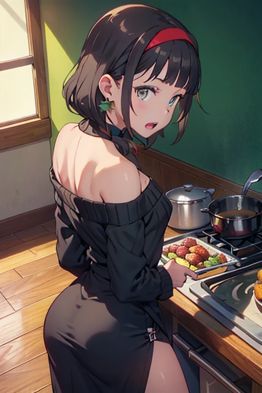 (from above:1.0),(from side:0.9),masterpiece, 1girl, Amazing Cleavage:1.1, thin waist, big ass, Raised sexy, small breast: 1.3, posed cleavage:1.2、solo, looking at viewer, open mouth, have a cute grass of cute beergrass,black hair, dark green eyes, dress, bare shoulders, jewelry, collarbone, sidelocks, hairband, earrings, indoors, off shoulder, :o, sweater, arms behind back, plant, short hair with long locks, gild hairband, off-shoulder dress, sweater dress, off-shoulder sweater, red sweater, dark gord hair, big side hair, very long side hair,is rendered in (masterpiece: 1.2, best quality), with (ultra high resolution) and an exquisite (depth of field). This masterpiece is not only visually stunning but also tells,A scene of cooking in the kitchen by classroom 