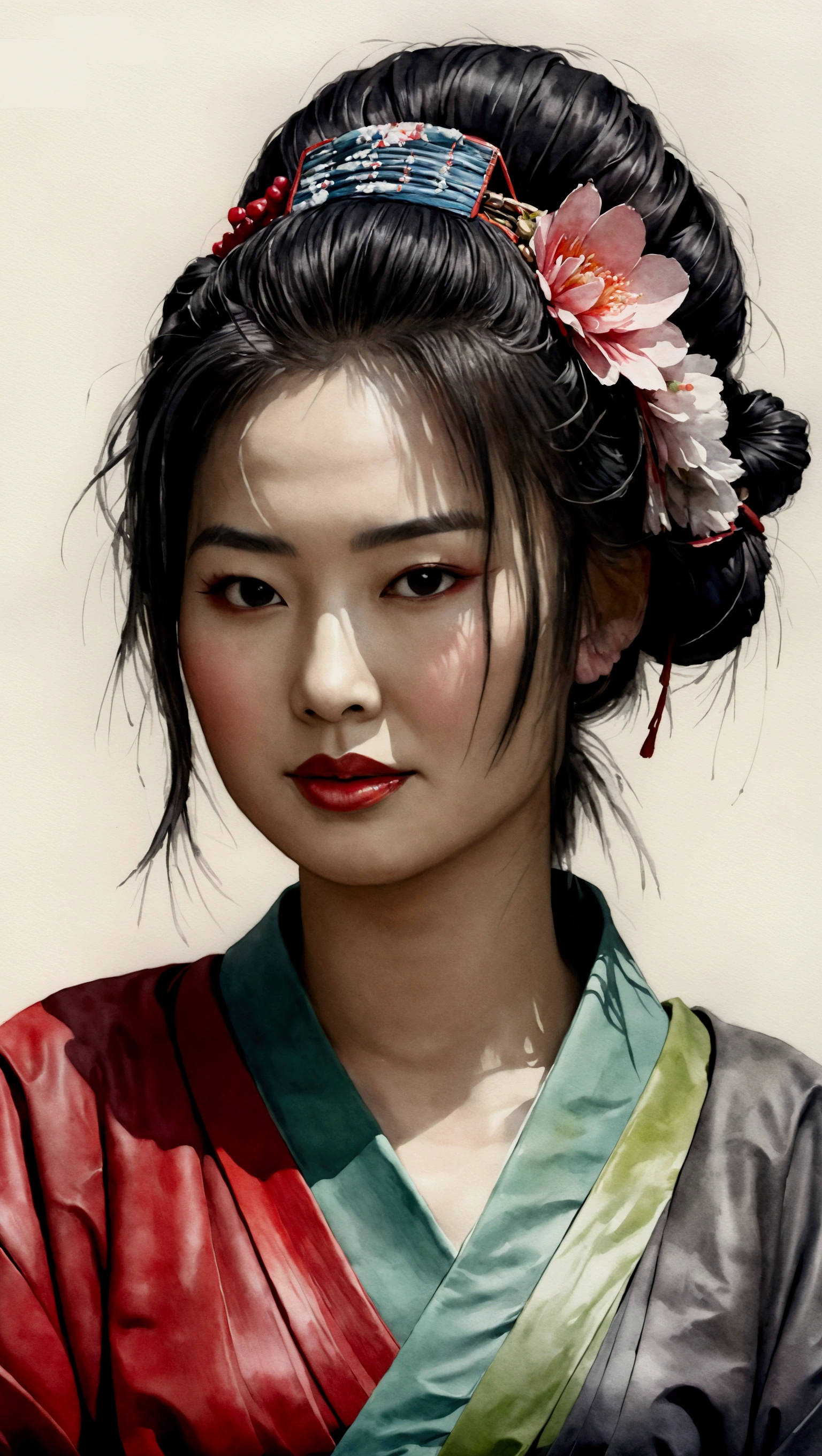 portrait of a geisha, medium shot, artistic , artist model , a charcoal drawing by William Twigg-Smith, CGSetnation, arte figurativa, water colour, colourful drawing, dynamic pose, fully body, Watercolor and Paint