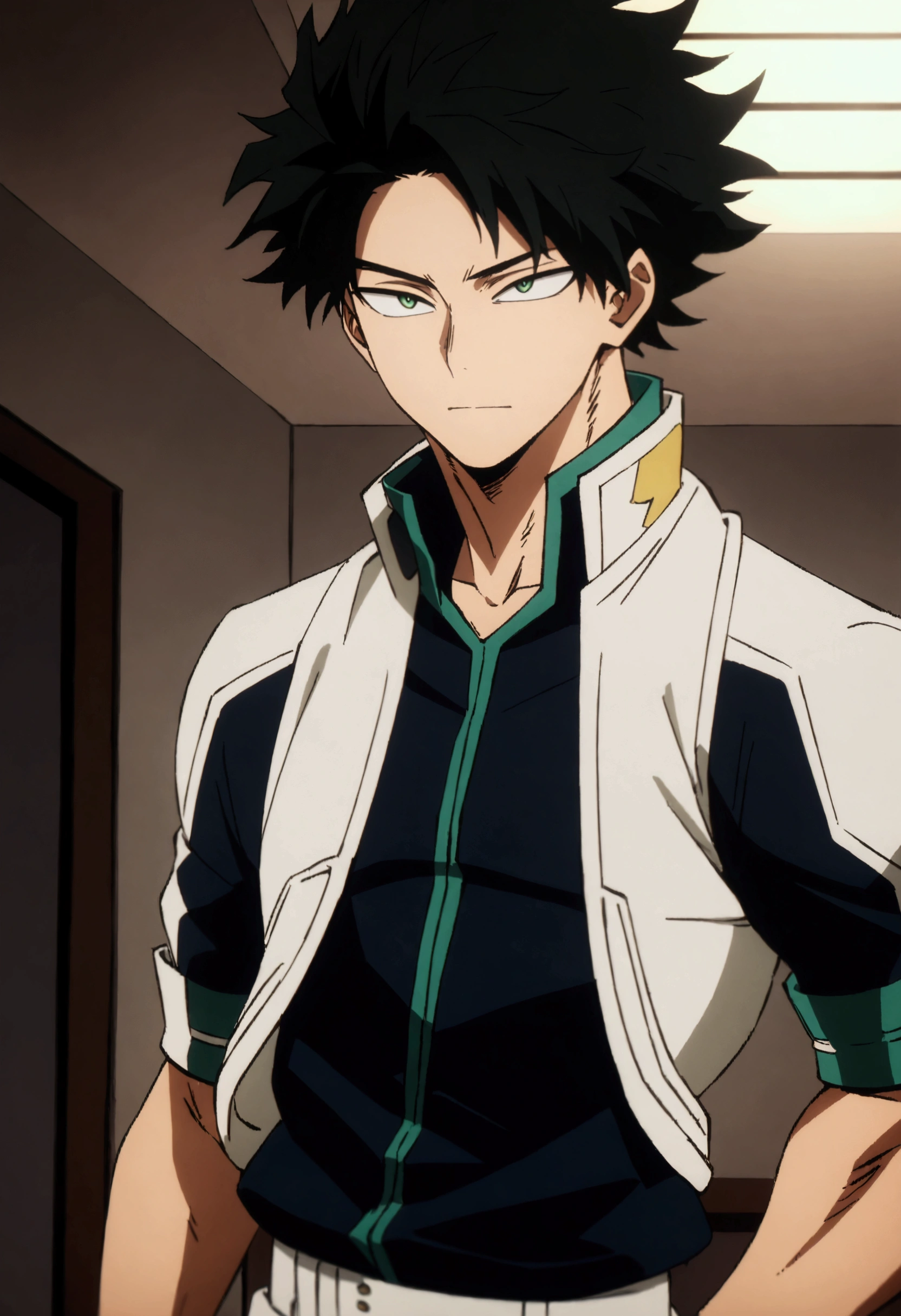 He is a 16 year old teenager, He has slightly disheveled very black hair..., somewhat light green eyes, , muscular body , anime art slyle my hero academy , sexy face, He is dressed in the anime male uniform "my hero academia", , 8k, high quality, masterpiece, , cinematic, vivid colors, shining green eyes