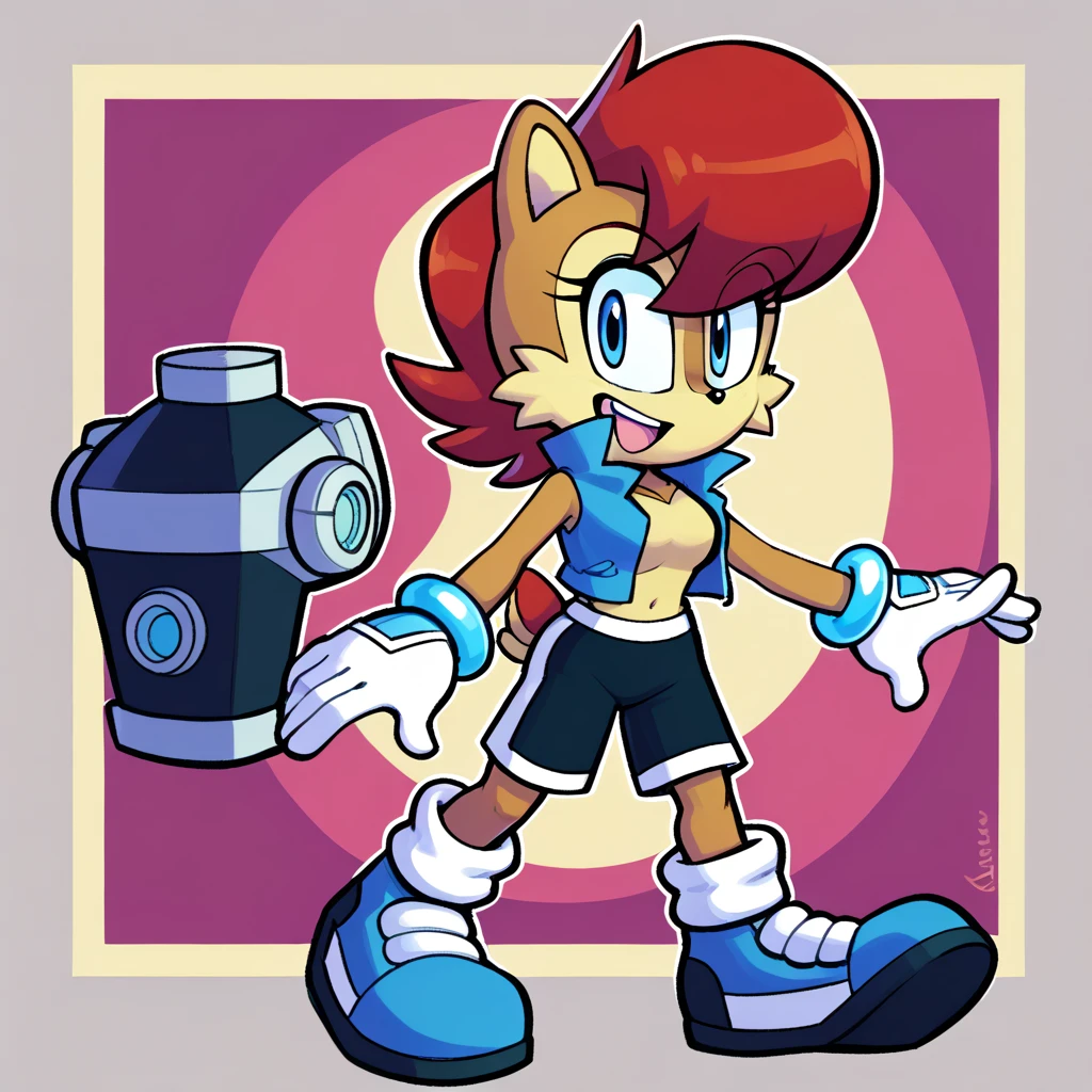 Custom avatar, sally acorn character, wearing black shorts, in the cyberspace, cgi backround, doing a dyamic pose, someone holding his leg,