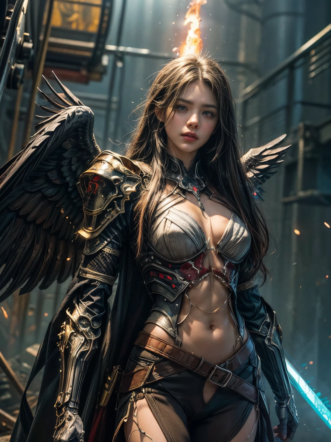 Cosmic cyberpunk fallen angel with neon mechanical armor, Flaming sword with clear and shining eyes, biomechanical, mysterious, creepy, nightmarish, Very bright neon colors., light particles, with light shining, , mushroom cloud, winner of best photo of the year, the world on fire, military photography of post-apocalyptic hellscape, epic photo of the year, fire on the horizon, epic cinematic take, pure form, intricate detail, 8k post-production, High resolution, Super detail, trend in artstation, sharp focus, studio photos, intricate detail, Very detailed, Lt. Greg Rutkowski, Mshiff, wallpaper art, HD wallpaper